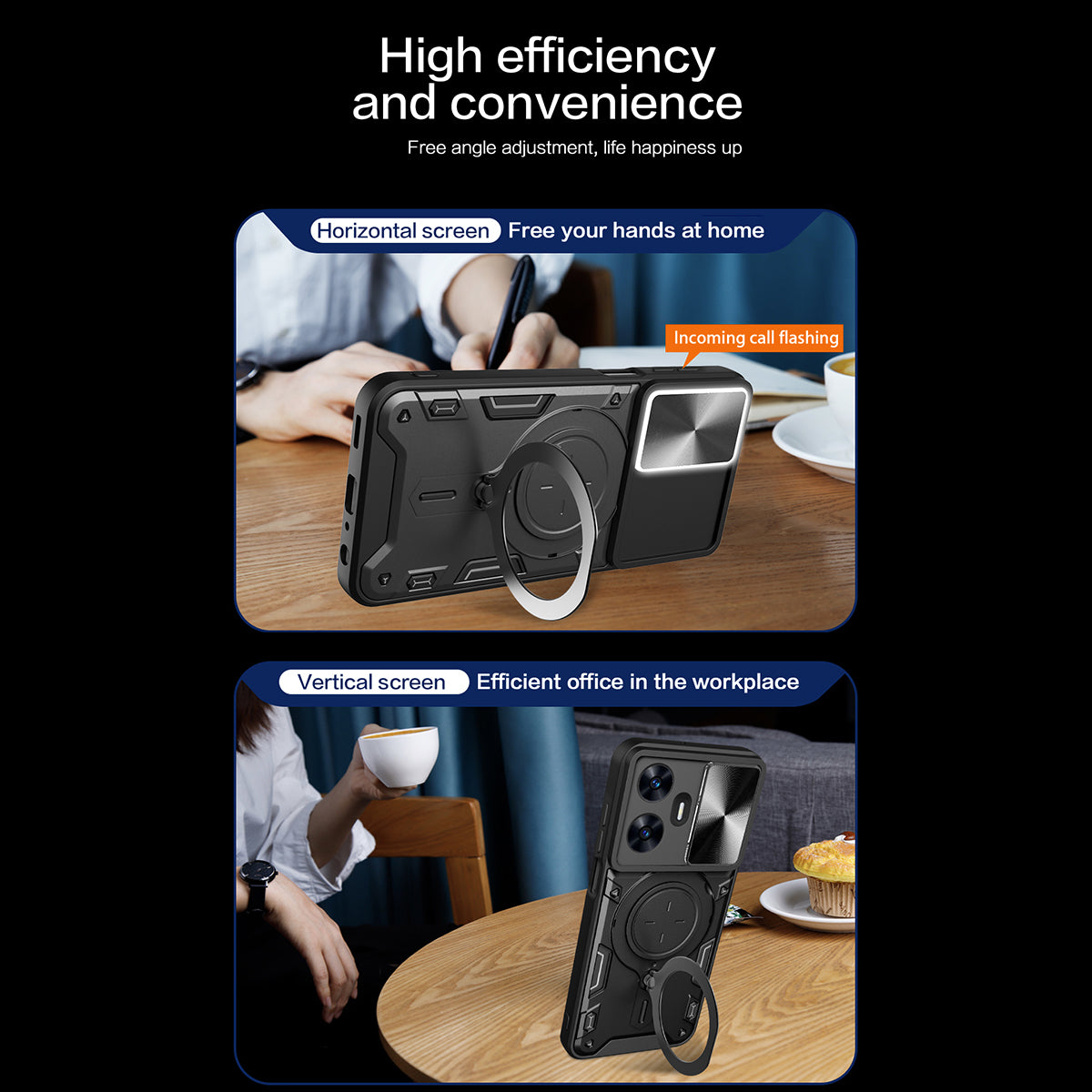 Uniqkart for Realme C55 PC+TPU Kickstand Cover Slide Camera Window Protection Phone Case - Black