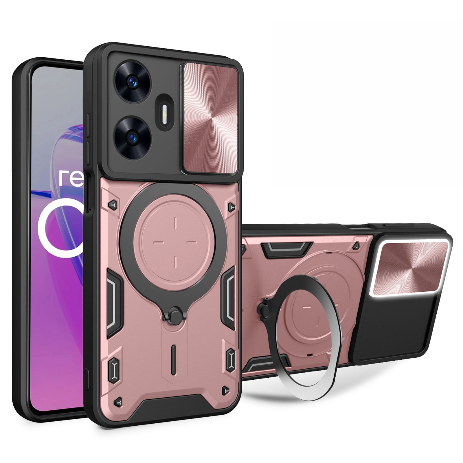 Uniqkart for Realme C55 PC+TPU Kickstand Cover Slide Camera Window Protection Phone Case - Pink