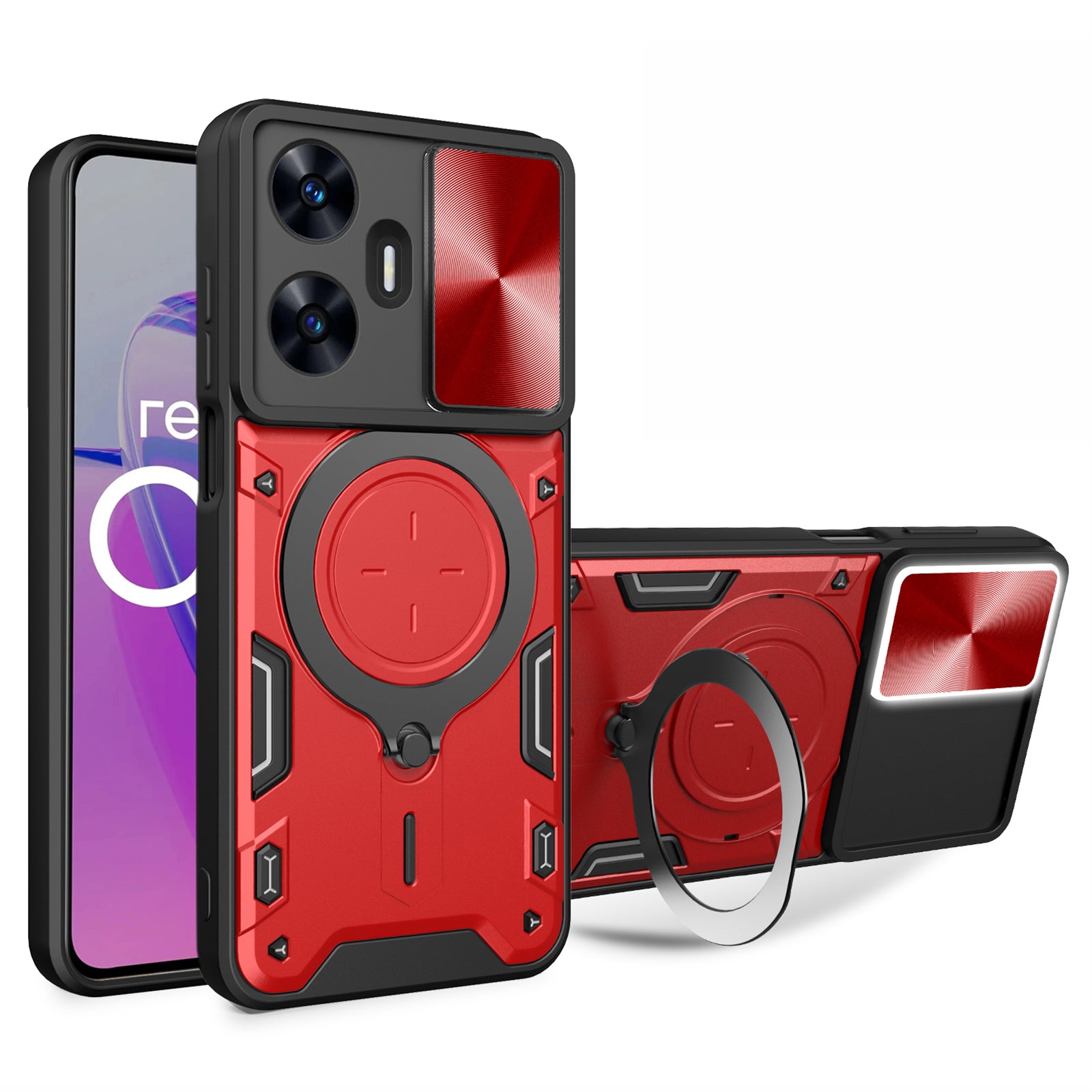 Uniqkart for Realme C55 PC+TPU Kickstand Cover Slide Camera Window Protection Phone Case - Red