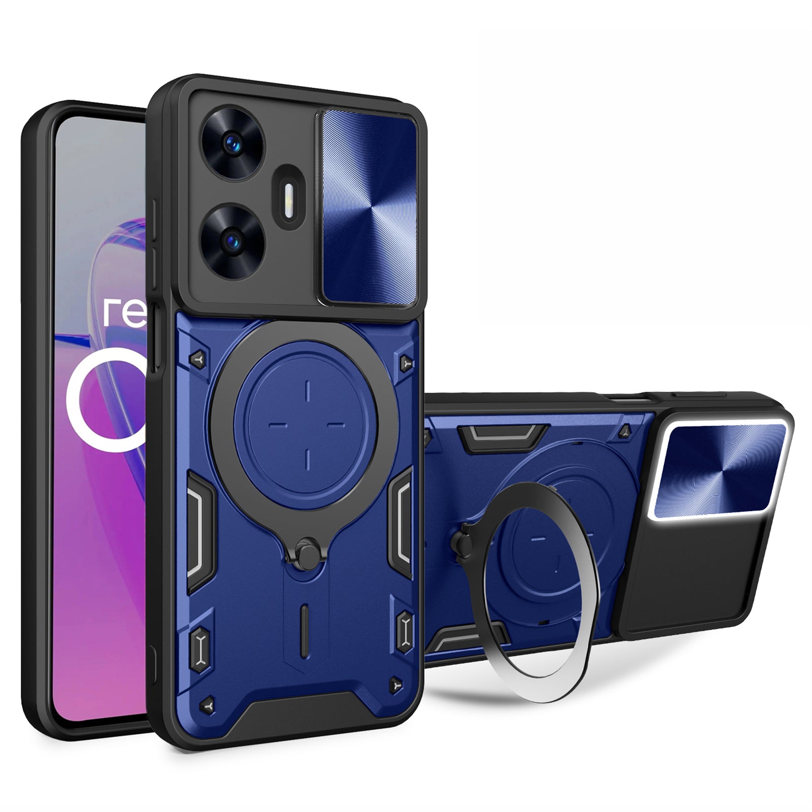 Uniqkart for Realme C55 PC+TPU Kickstand Cover Slide Camera Window Protection Phone Case - Blue