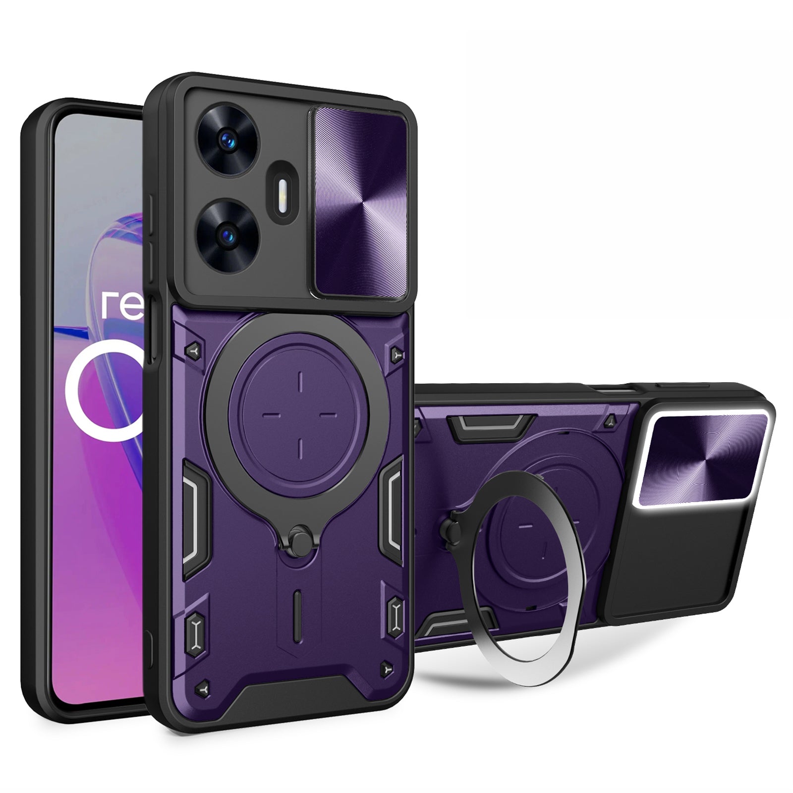 Uniqkart for Realme C55 PC+TPU Kickstand Cover Slide Camera Window Protection Phone Case - Purple