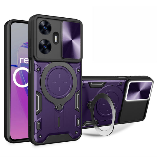 Uniqkart for Realme C55 PC+TPU Kickstand Cover Slide Camera Window Protection Phone Case - Purple