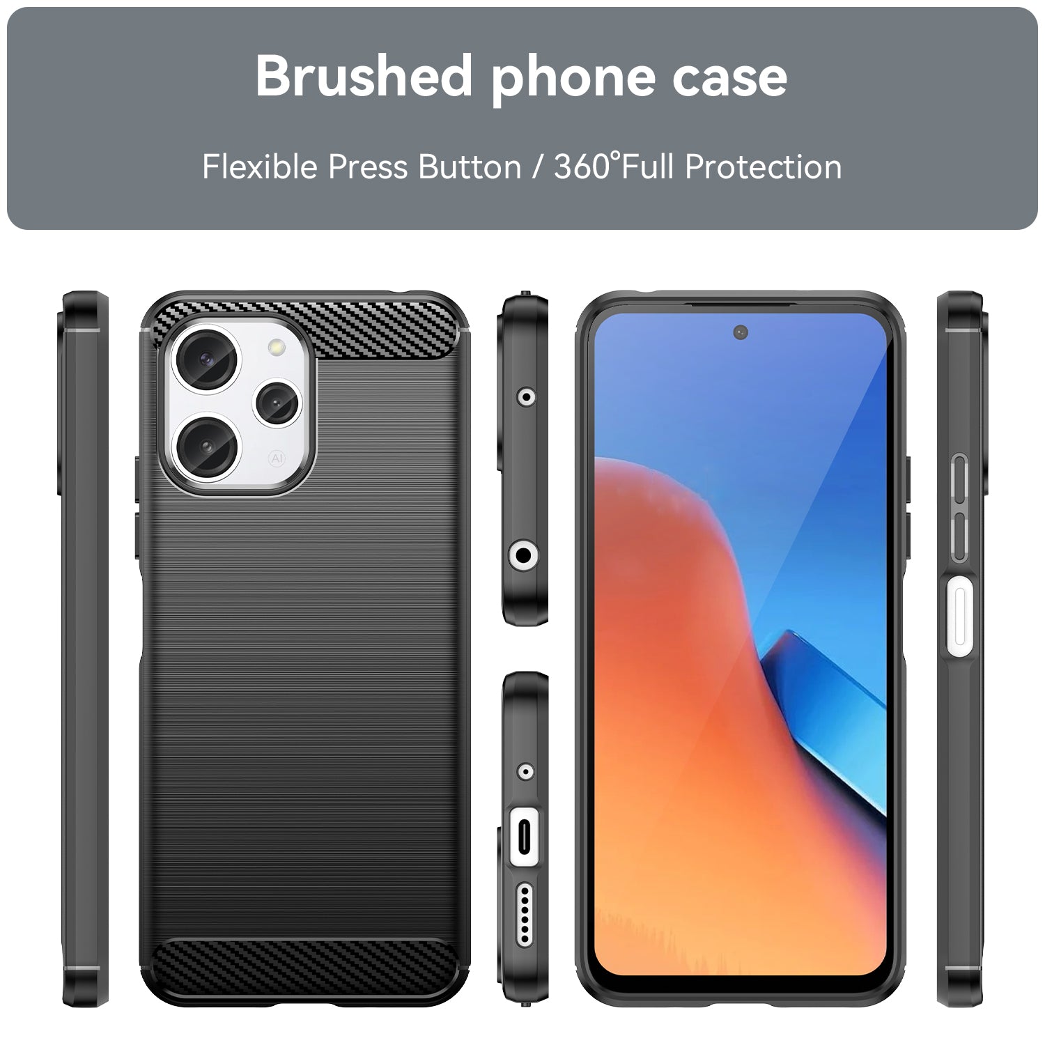 Uniqkart for Xiaomi Redmi 12 4G Carbon Fiber Texture Phone Case Soft TPU Brushed Phone Cover - Black