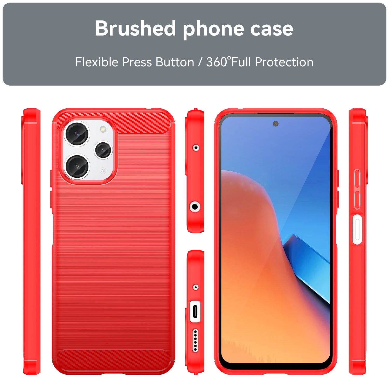 Uniqkart for Xiaomi Redmi 12 4G Carbon Fiber Texture Phone Case Soft TPU Brushed Phone Cover - Red
