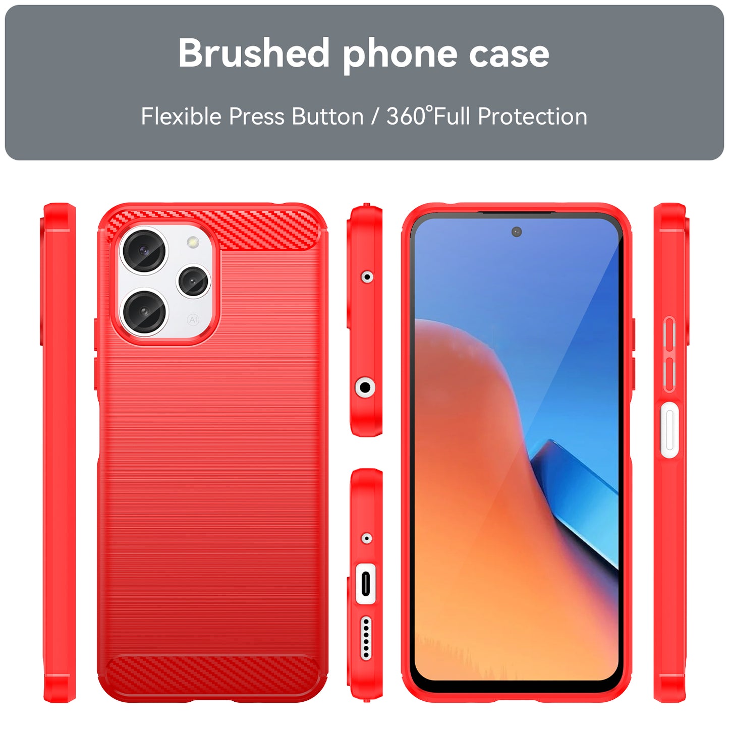 Uniqkart for Xiaomi Redmi 12 4G Carbon Fiber Texture Phone Case Soft TPU Brushed Phone Cover - Red