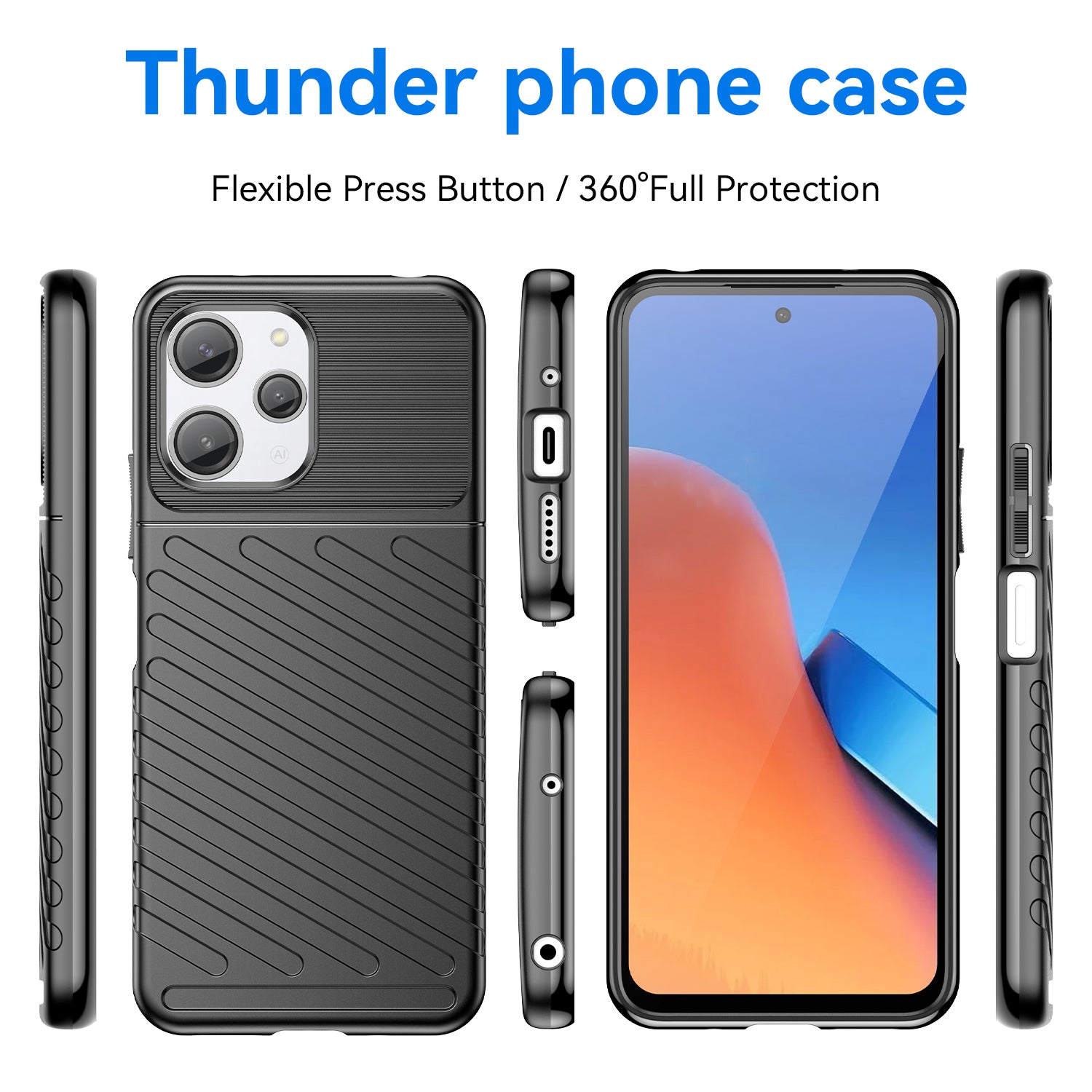 Thunder Series For Xiaomi Redmi 12 4G Twill Texture Soft TPU Phone Cover Thickened Phone Case - Black