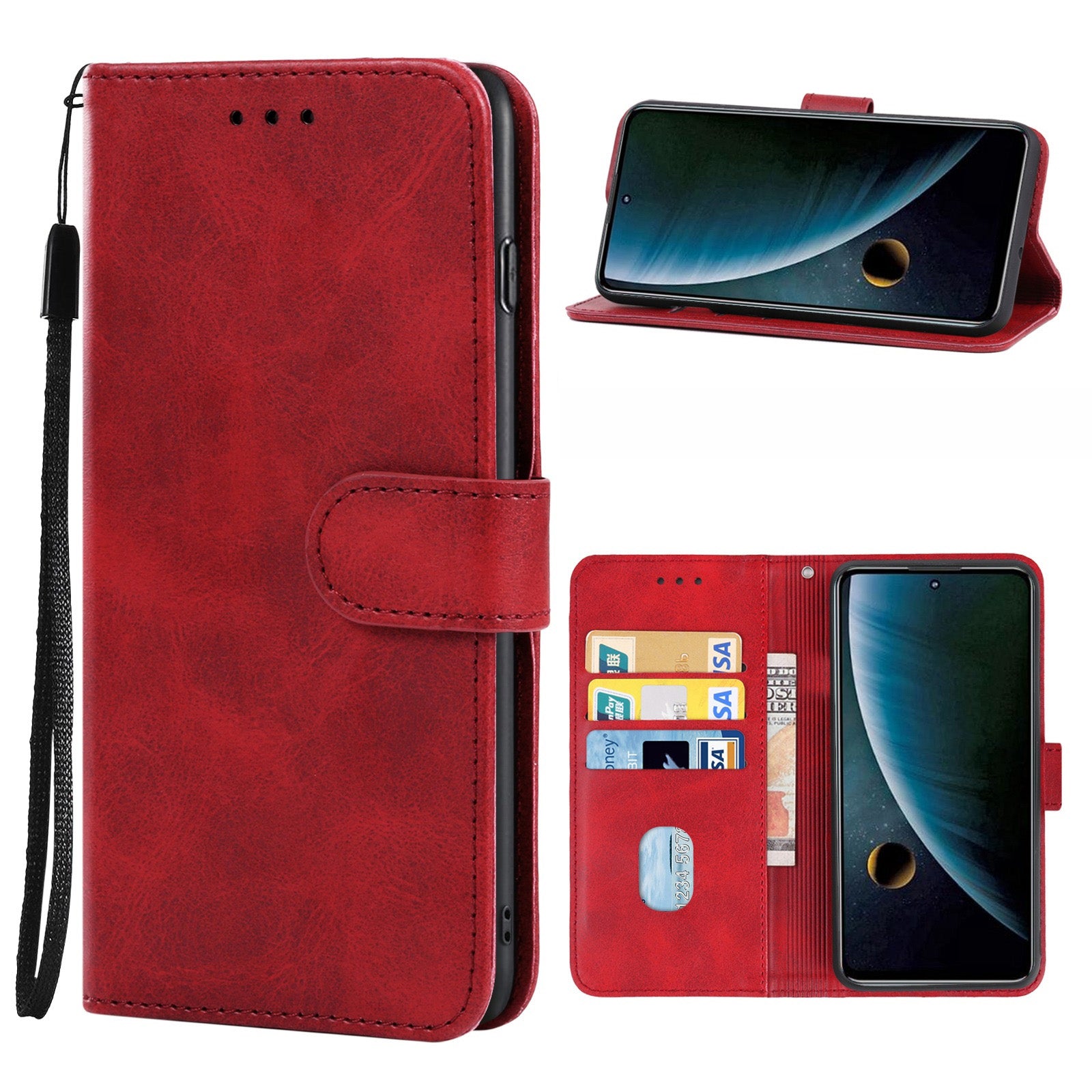Uniqkart for ZTE Blade L220 Calf Texture Leather Case Wallet Stand Cell Phone Cover - Red