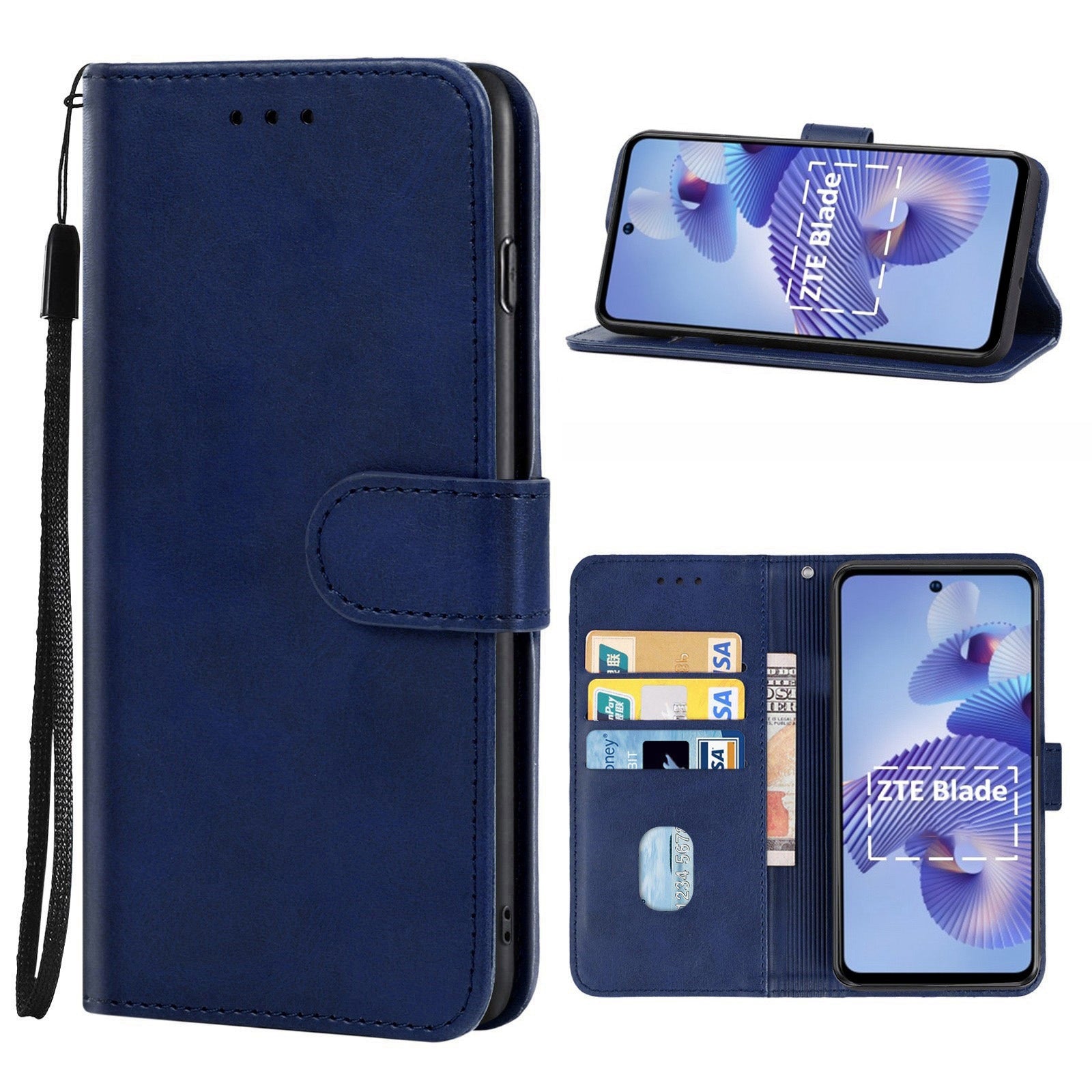 Uniqkart for ZTE Blade L220 Calf Texture Leather Case Wallet Stand Cell Phone Cover - Blue
