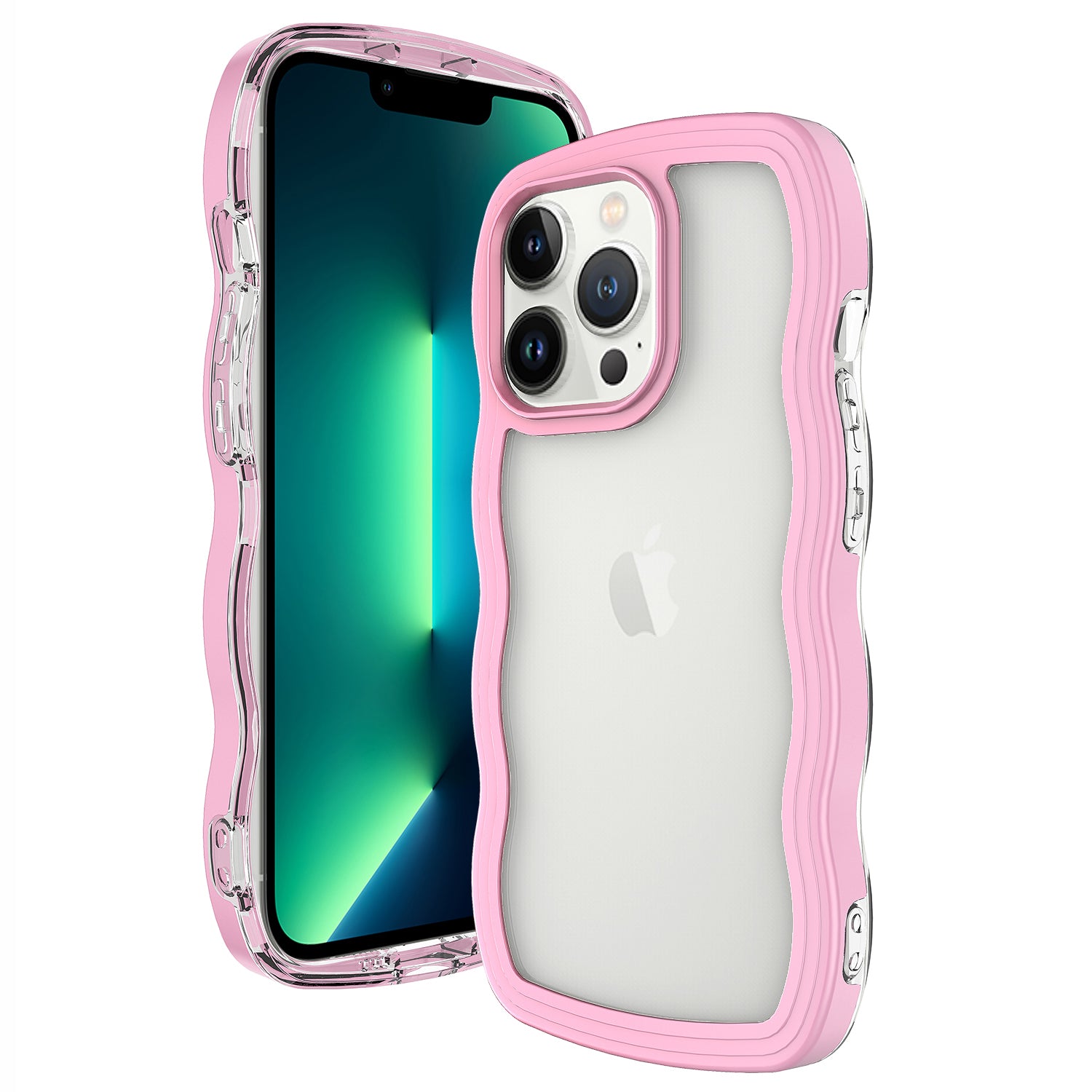 Transparent Phone Case for iPhone 15 Pro Max , Wave Edge PC + TPU Detachable Color Frame Phone Shell Cover - Pink