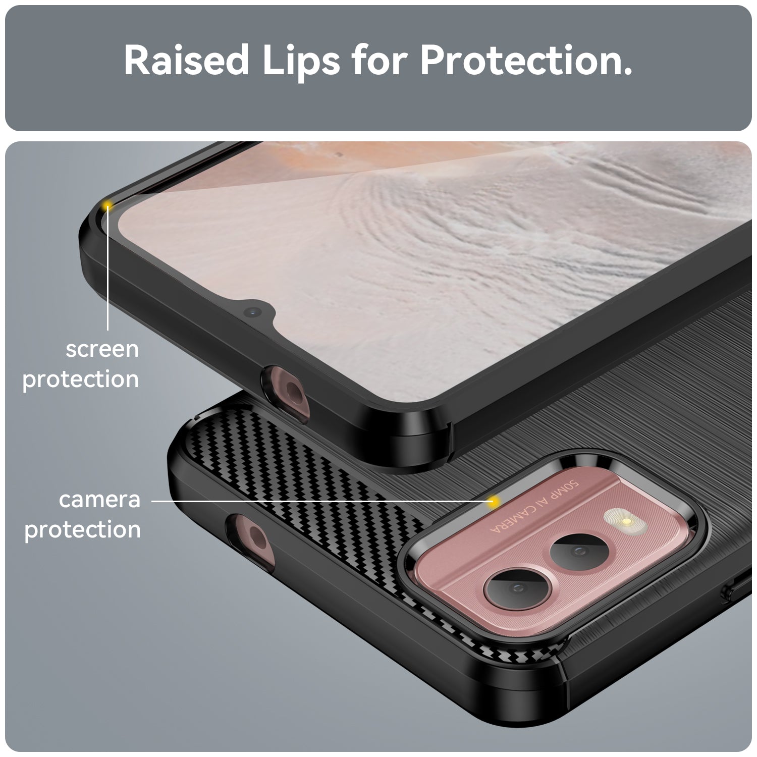 Brushed Soft TPU Phone Case for Nokia C32 , Carbon Fiber Texture Smartphone Cover - Black