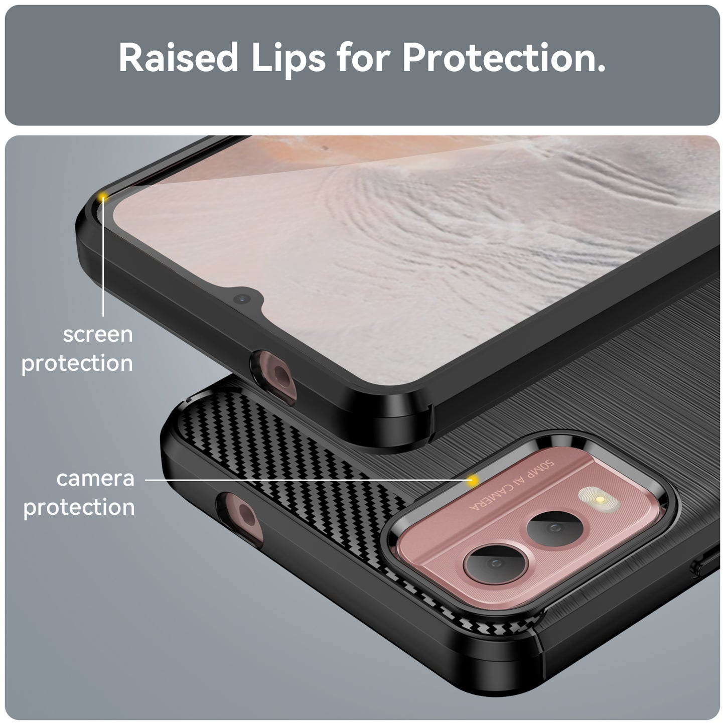 Brushed Soft TPU Phone Case for Nokia C32 , Carbon Fiber Texture Smartphone Cover - Black