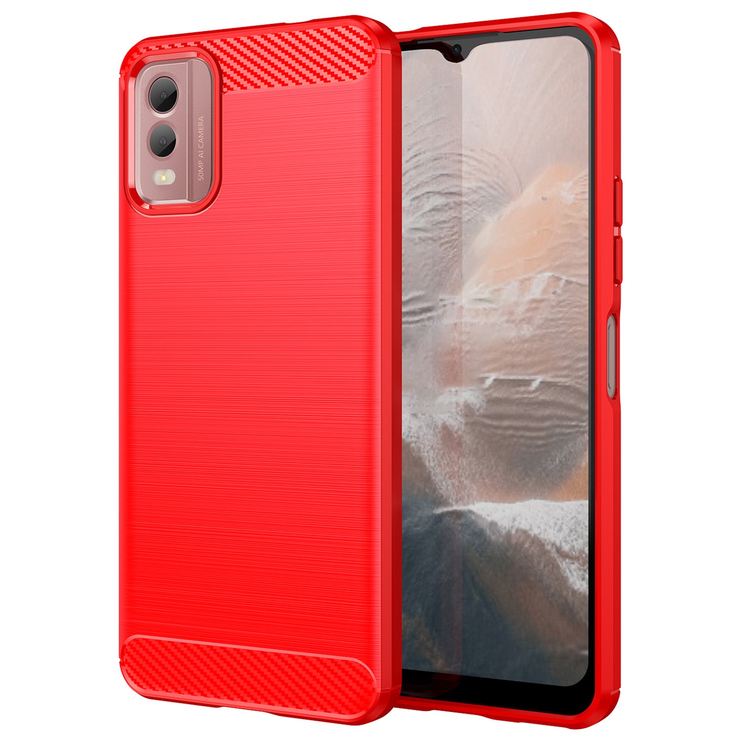 Brushed Soft TPU Phone Case for Nokia C32 , Carbon Fiber Texture Smartphone Cover - Red