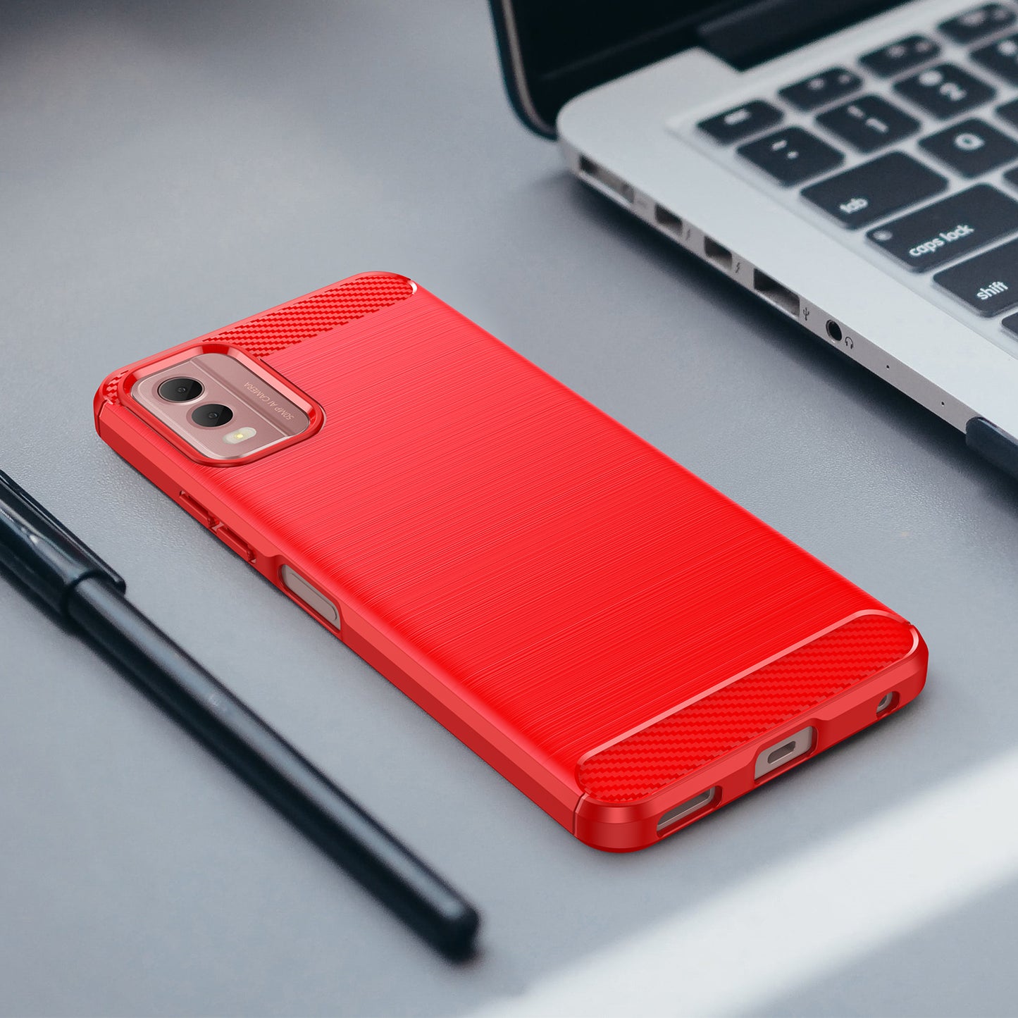 Brushed Soft TPU Phone Case for Nokia C32 , Carbon Fiber Texture Smartphone Cover - Red