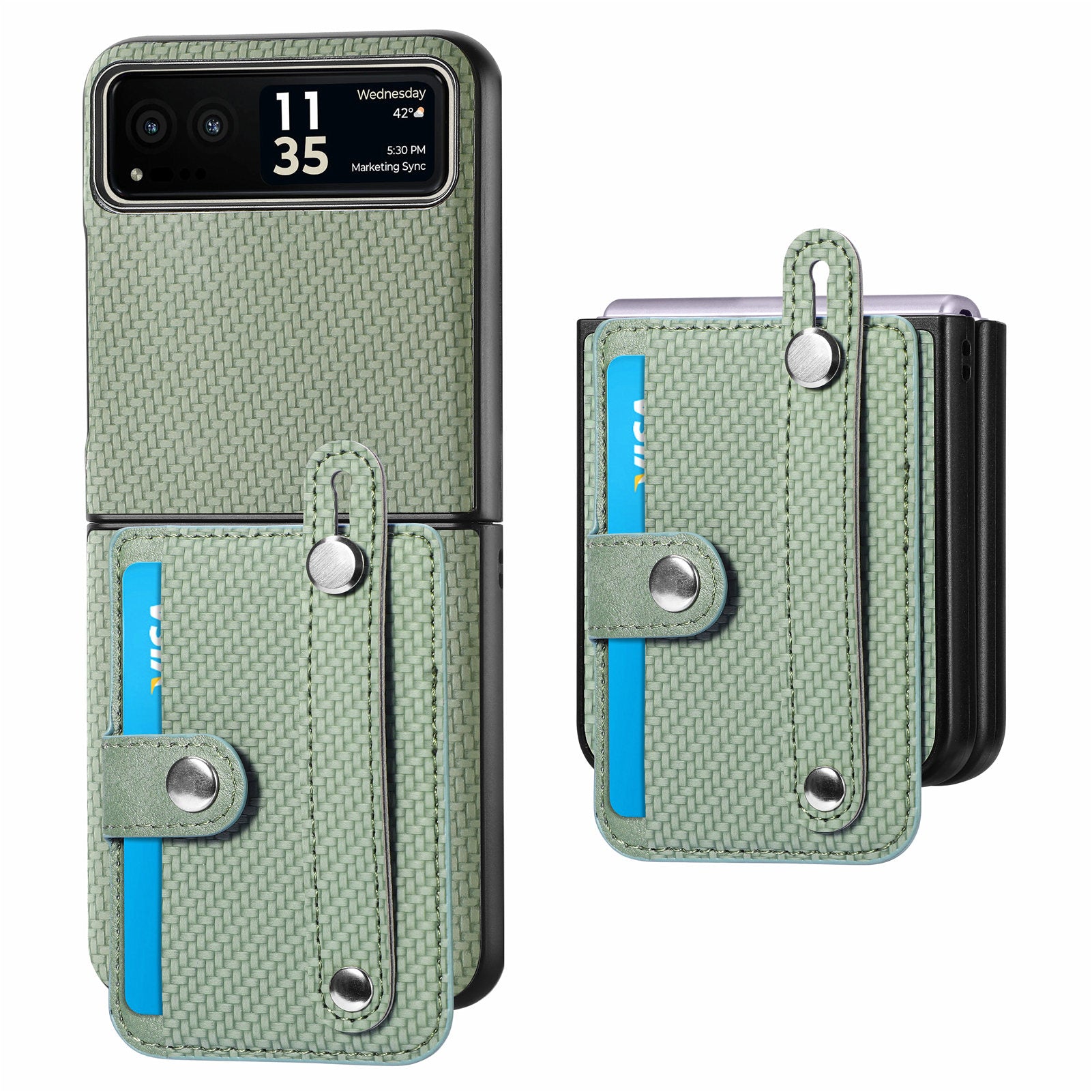 PU Leather+PC Phone Case for Motorola Razr 40 5G , Carbon Fiber Texture Wristband Kickstand Cover - Green