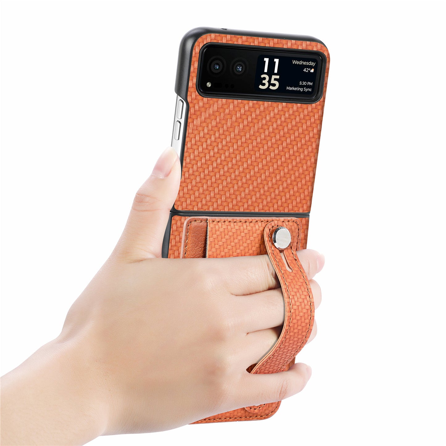 PU Leather+PC Phone Case for Motorola Razr 40 5G , Carbon Fiber Texture Wristband Kickstand Cover - Brown