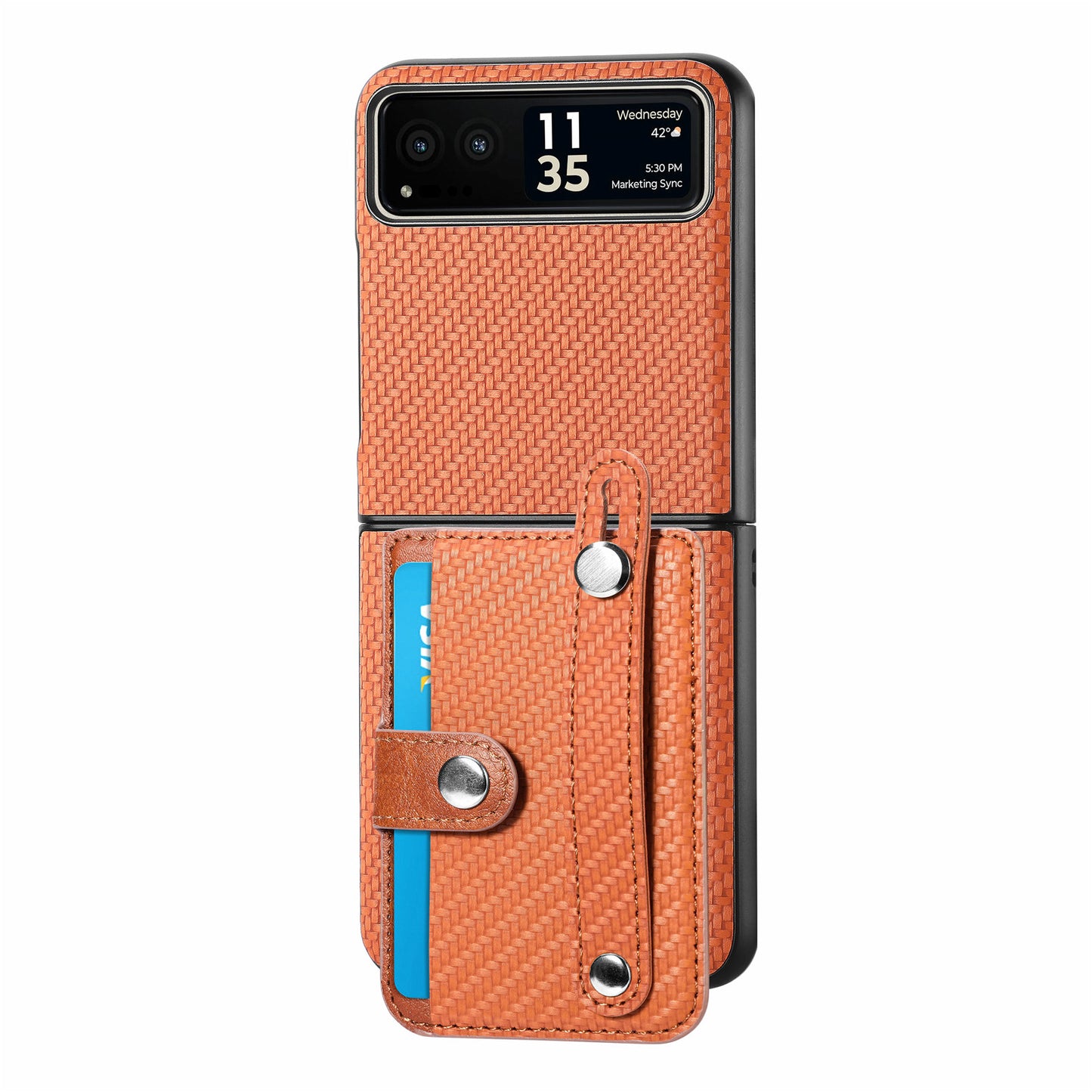 PU Leather+PC Phone Case for Motorola Razr 40 5G , Carbon Fiber Texture Wristband Kickstand Cover - Brown