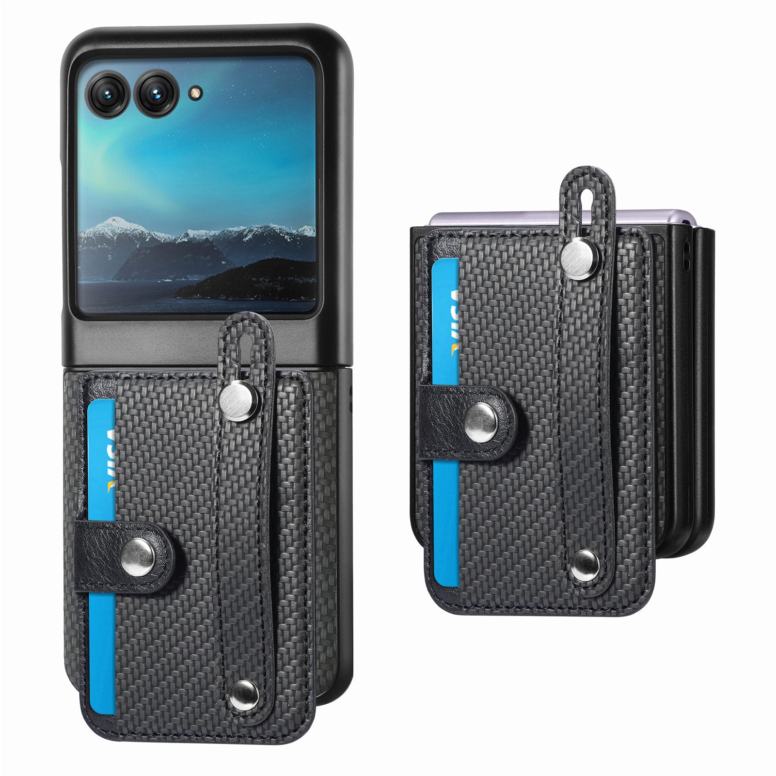 PU Leather+PC Phone Case for Motorola Razr 40 Ultra 5G , Carbon Fiber Texture Wristband Kickstand Anti-drop Cover - Black