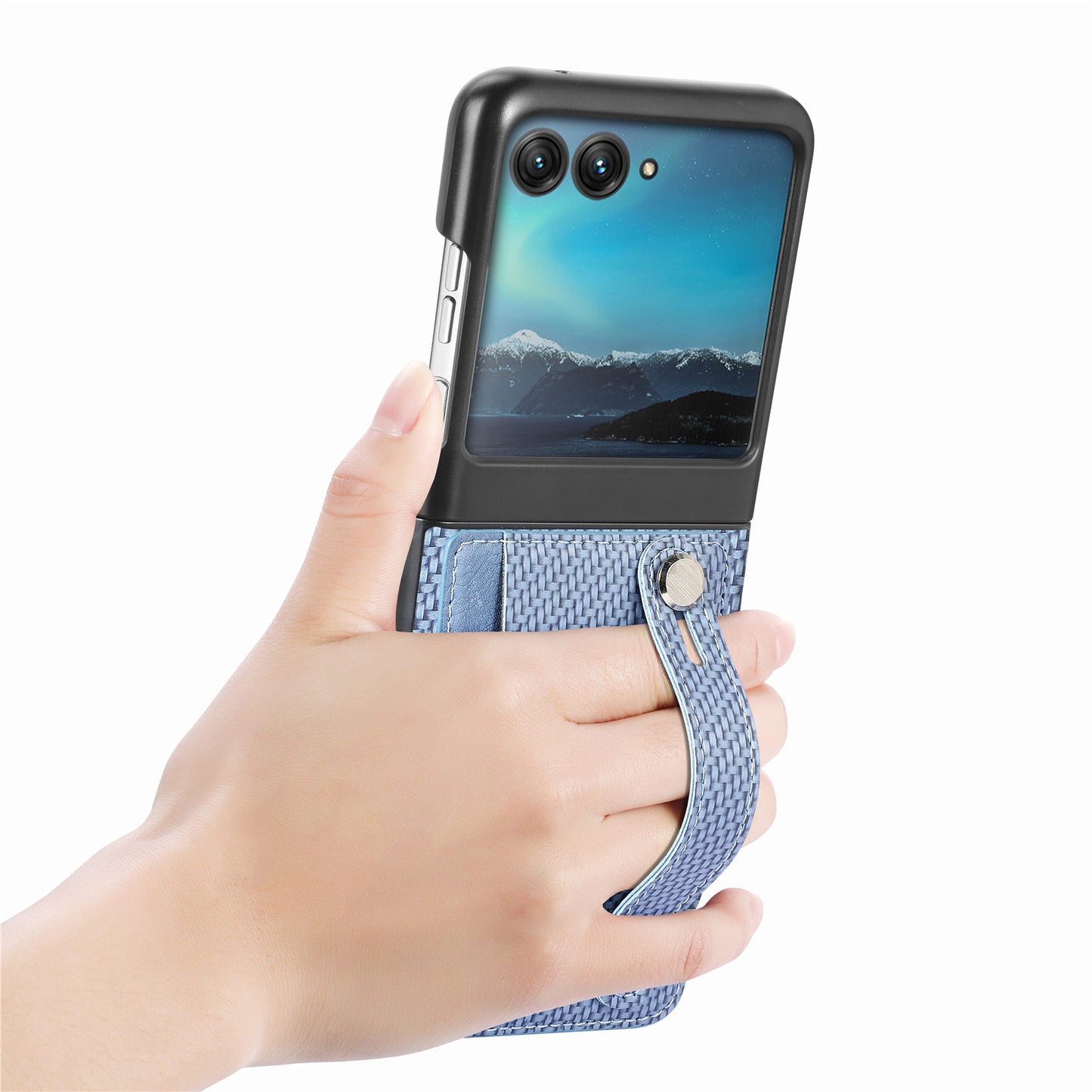 PU Leather+PC Phone Case for Motorola Razr 40 Ultra 5G , Carbon Fiber Texture Wristband Kickstand Anti-drop Cover - Blue