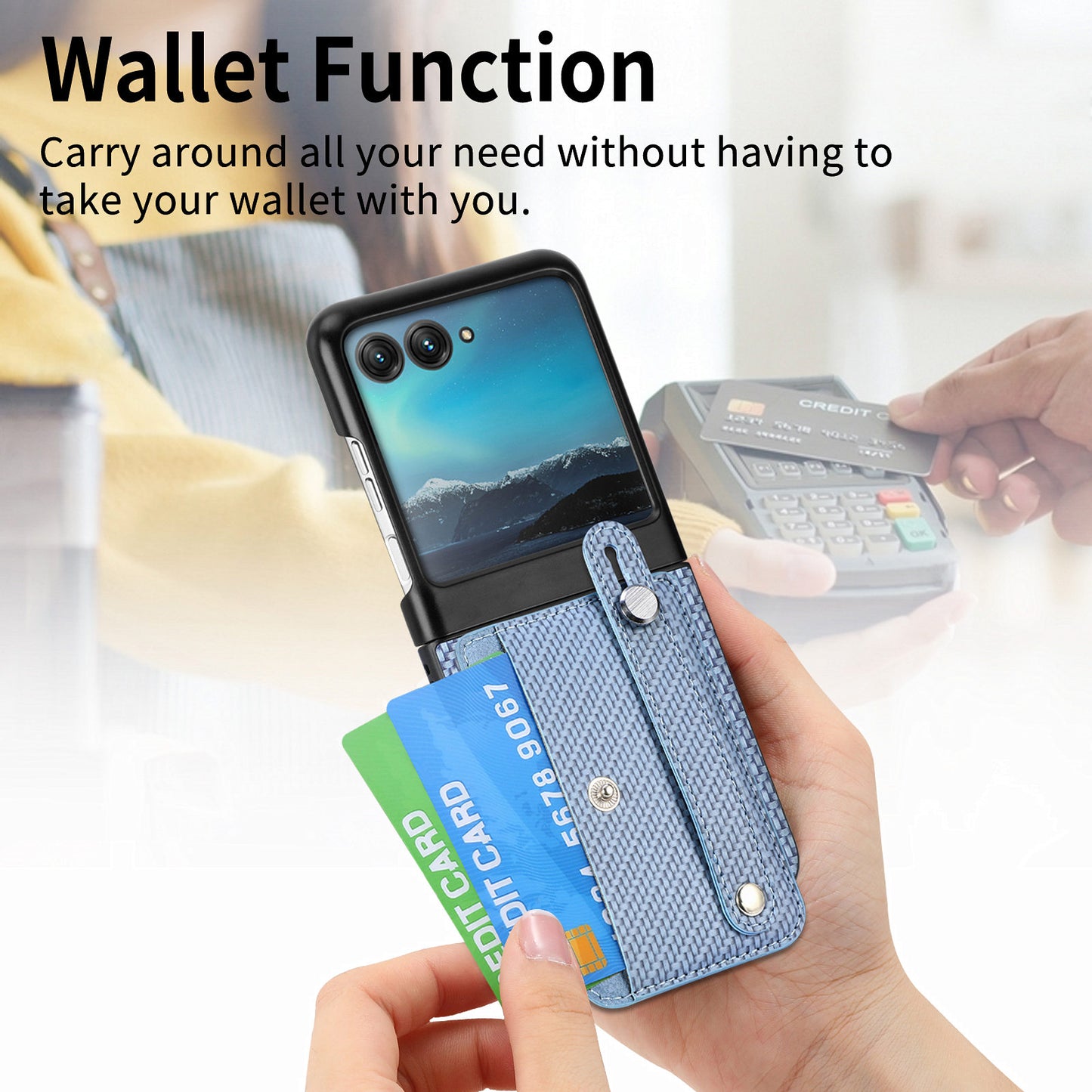 PU Leather+PC Phone Case for Motorola Razr 40 Ultra 5G , Carbon Fiber Texture Wristband Kickstand Anti-drop Cover - Blue
