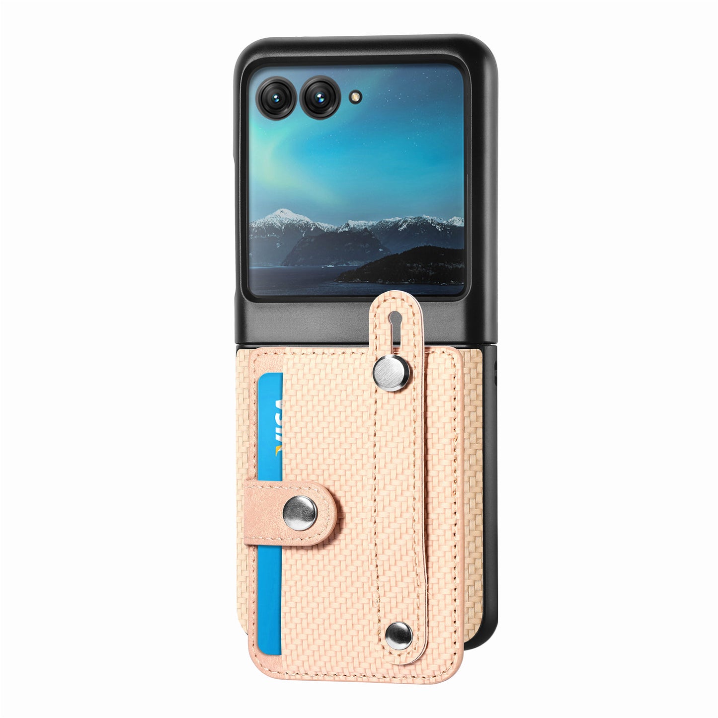 PU Leather+PC Phone Case for Motorola Razr 40 Ultra 5G , Carbon Fiber Texture Wristband Kickstand Anti-drop Cover - Khaki
