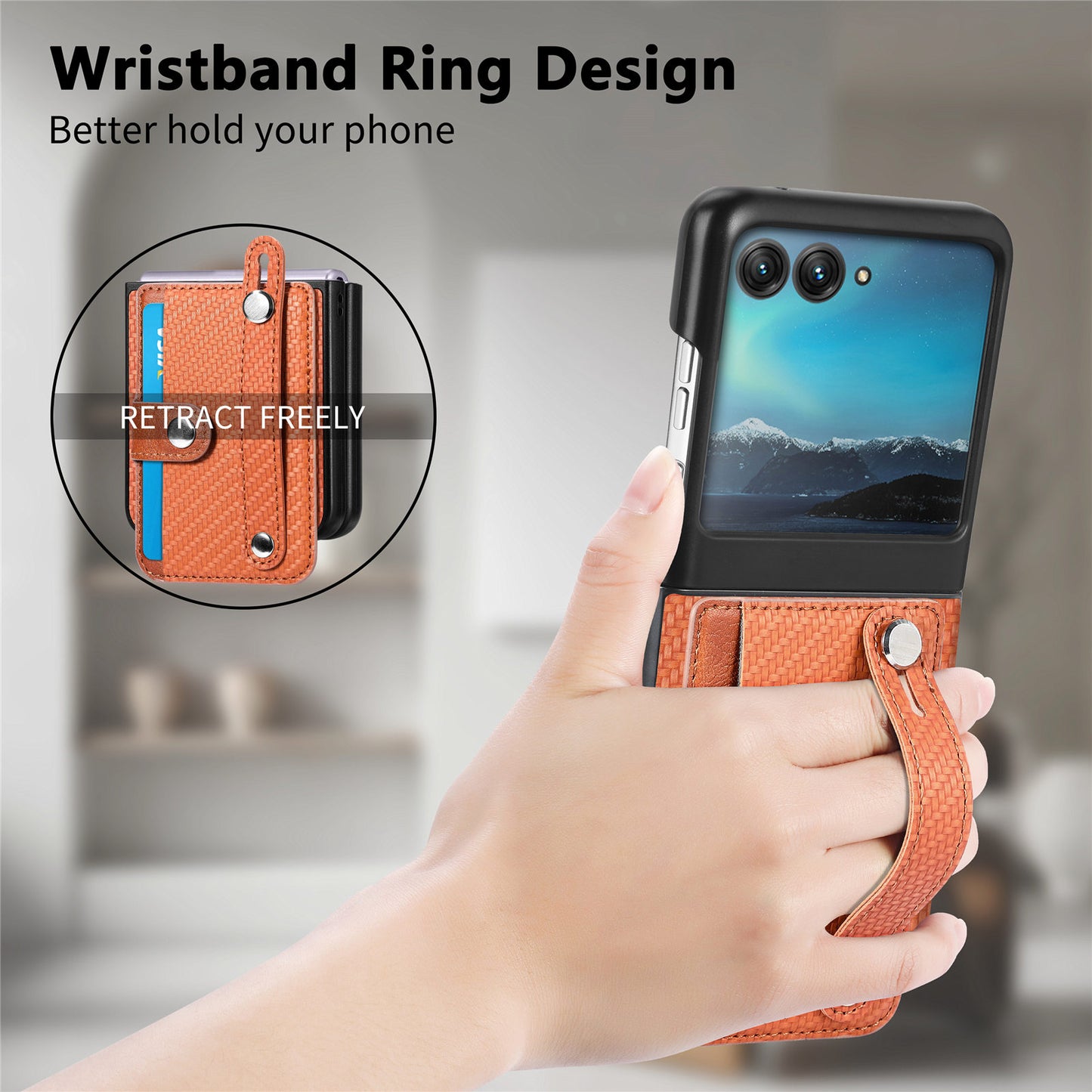 PU Leather+PC Phone Case for Motorola Razr 40 Ultra 5G , Carbon Fiber Texture Wristband Kickstand Anti-drop Cover - Brown