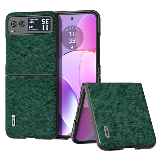 Uniqkart For Motorola Razr 40 5G Cross Texture Phone Case Cowhide Leather Coated Hard PC Phone Cover - Green