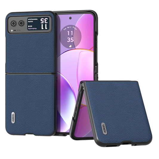 Uniqkart For Motorola Razr 40 5G Cowhide Leather Coated PC Case Litchi Texture Phone Cover - Blue