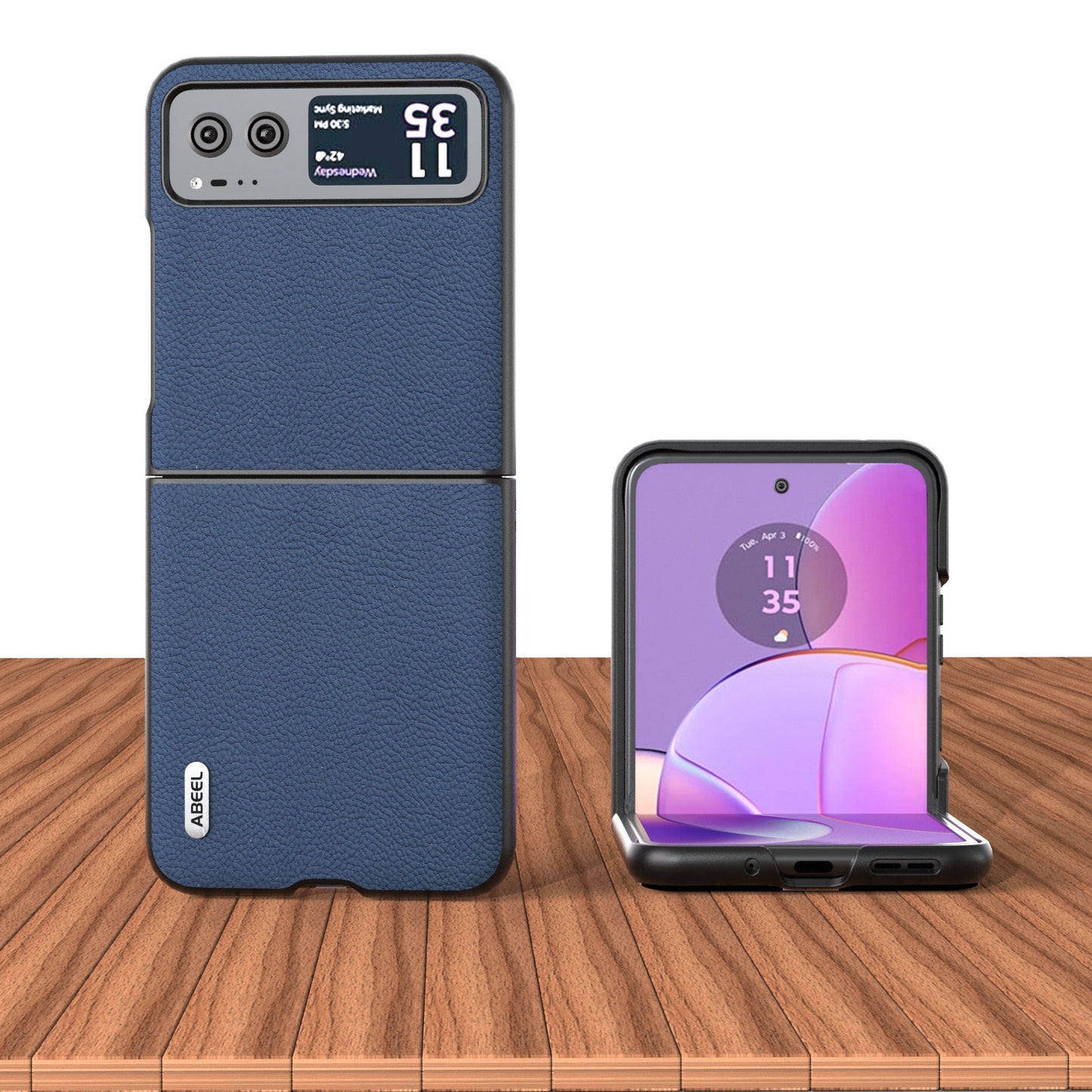 Uniqkart For Motorola Razr 40 5G Cowhide Leather Coated PC Case Litchi Texture Phone Cover - Blue