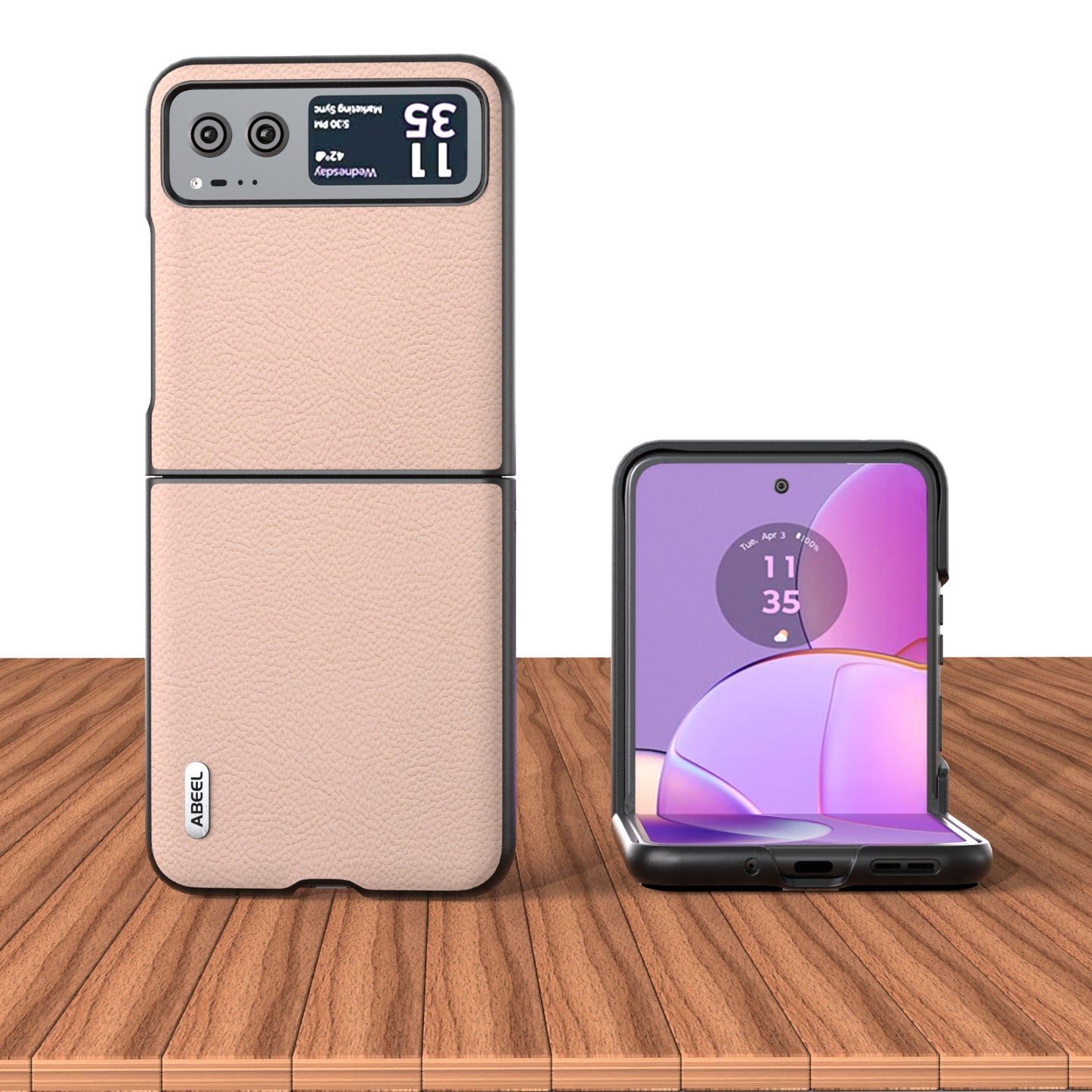 Uniqkart For Motorola Razr 40 5G Cowhide Leather Coated PC Case Litchi Texture Phone Cover - Pink