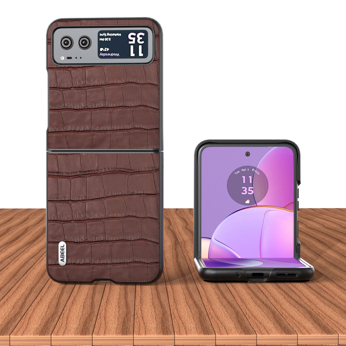 Crocodile Texture Phone Case for Motorola Razr 40 5G Cowhide Leather Coated PC Cover - Brown
