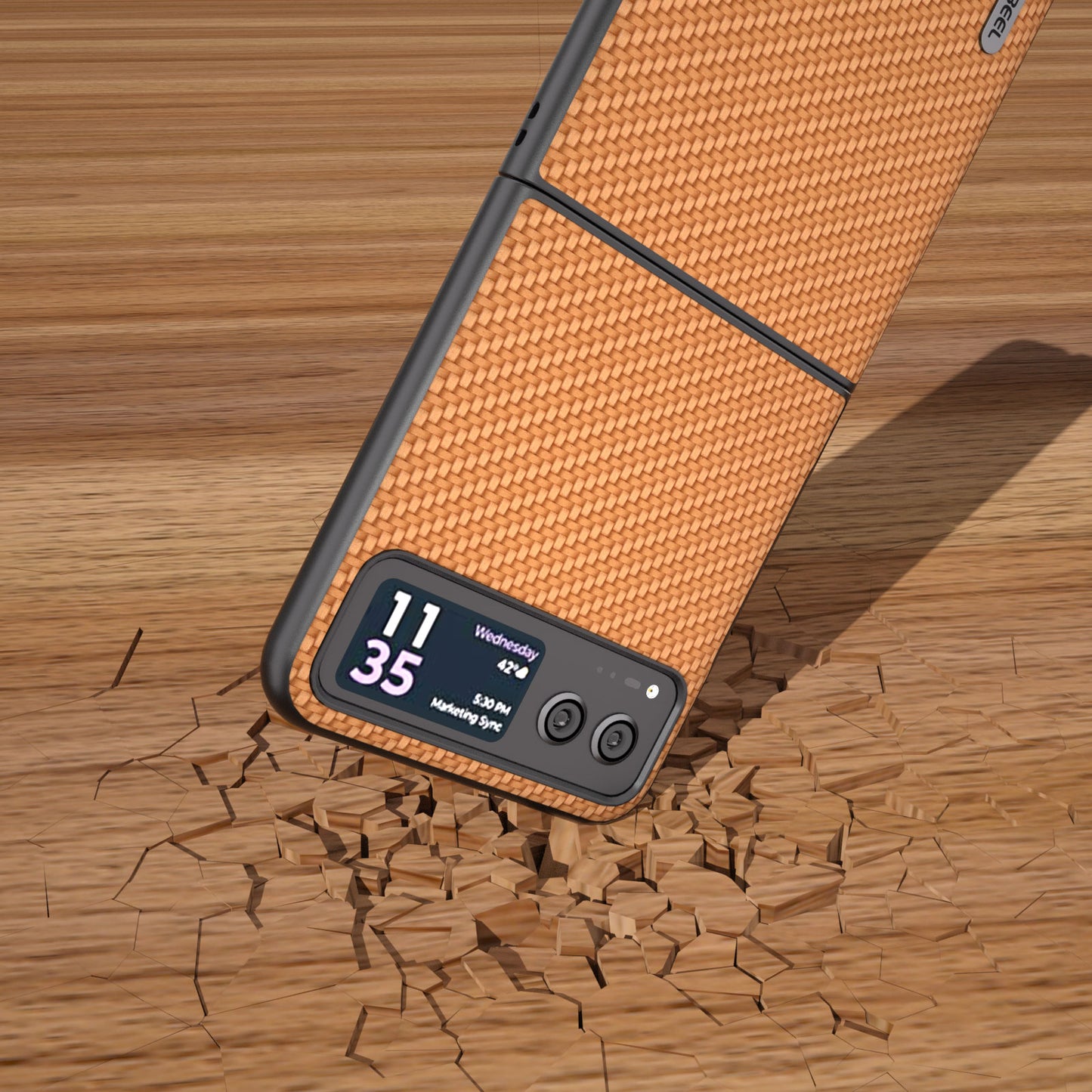 Uniqkart Phone Case for Motorola Razr 40 5G Carbon Fiber Texture PU Leather Coated PC Cover - Light Brown