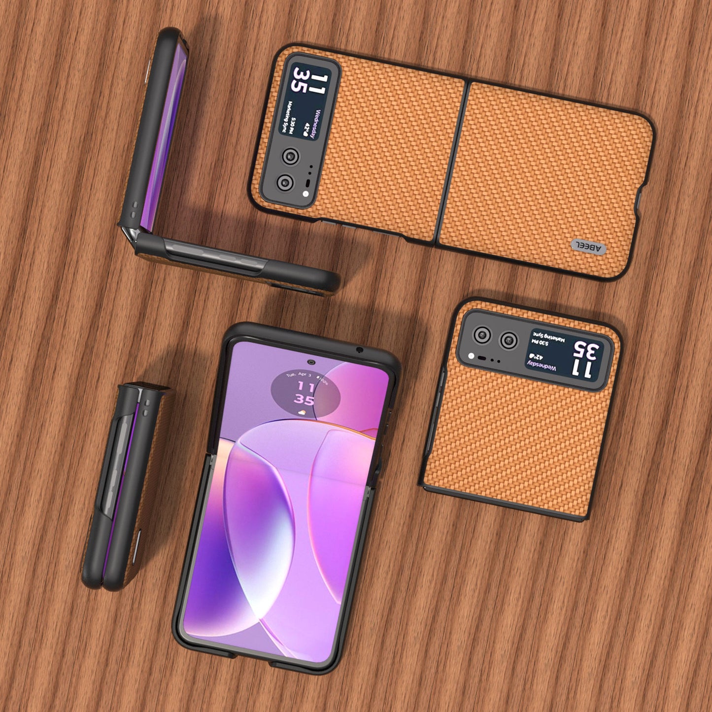 Uniqkart Phone Case for Motorola Razr 40 5G Carbon Fiber Texture PU Leather Coated PC Cover - Light Brown