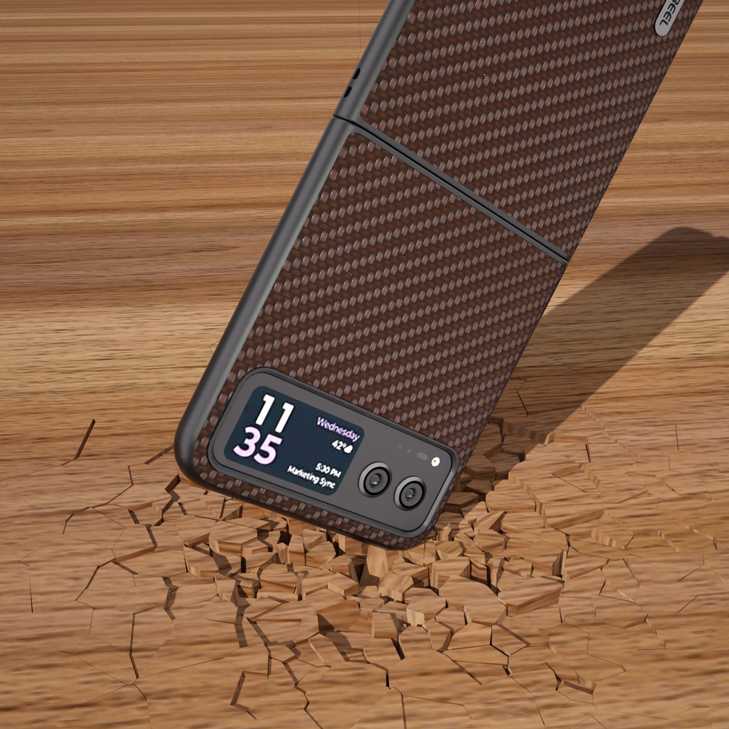 Uniqkart Phone Case for Motorola Razr 40 5G Carbon Fiber Texture PU Leather Coated PC Cover - Brown