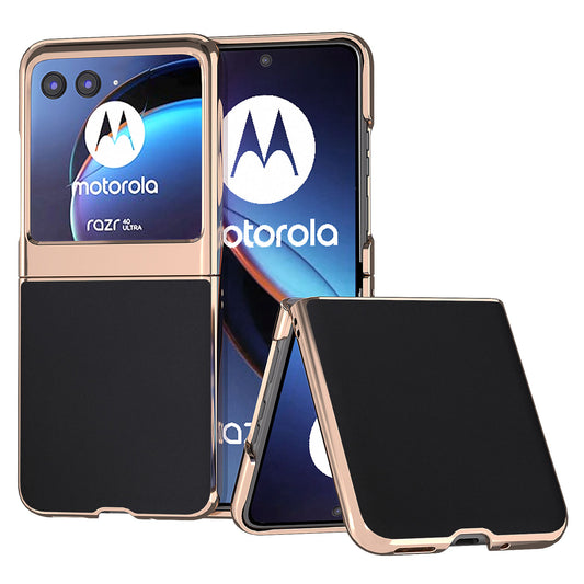 Uniqkart for Motorola Razr 40 Ultra 5G Nano Electroplating Phone Case Genuine Cow Leather + PC Silky Feeling Cover - Black