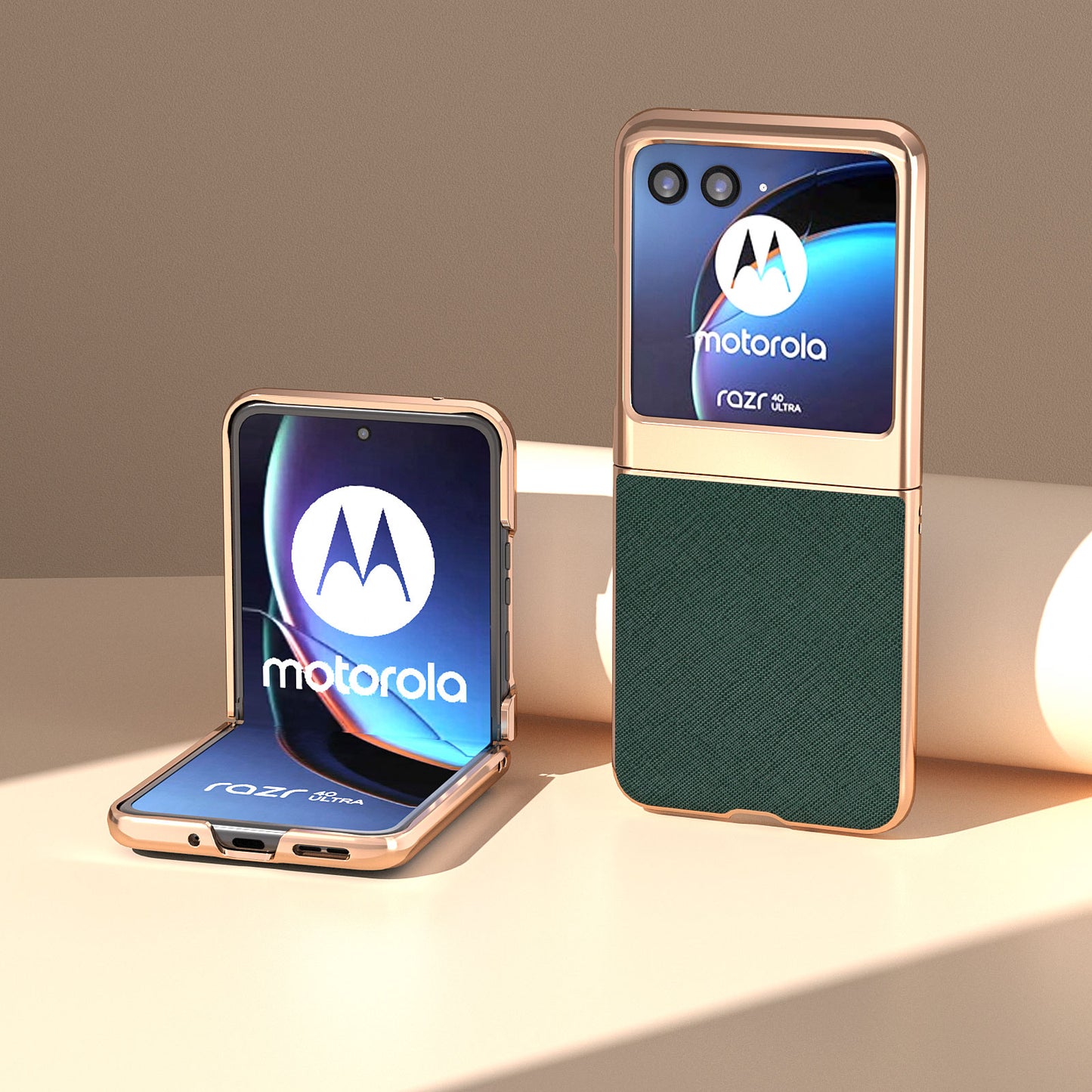 for Motorola Razr 40 Ultra 5G Genuine Cow Leather + PC Protective Cover Nano Electroplating Phone Case - Green