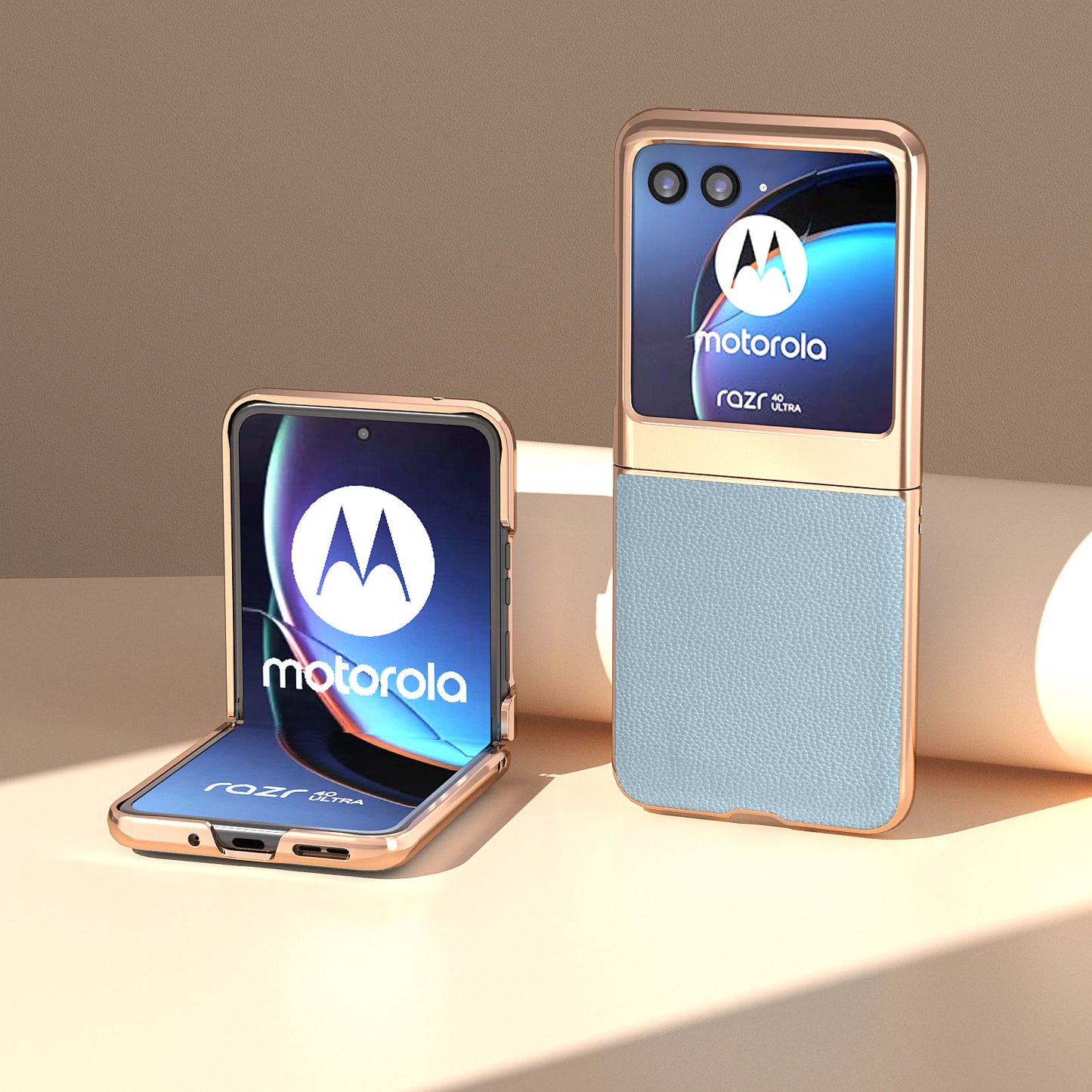 Uniqkart for Motorola Razr 40 Ultra 5G Litchi Texture Back Cover Genuine Cow Leather + PC Nano Electroplating Phone Case - Baby Blue
