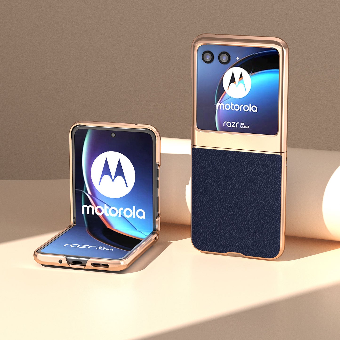 Uniqkart for Motorola Razr 40 Ultra 5G Litchi Texture Back Cover Genuine Cow Leather + PC Nano Electroplating Phone Case - Sapphire
