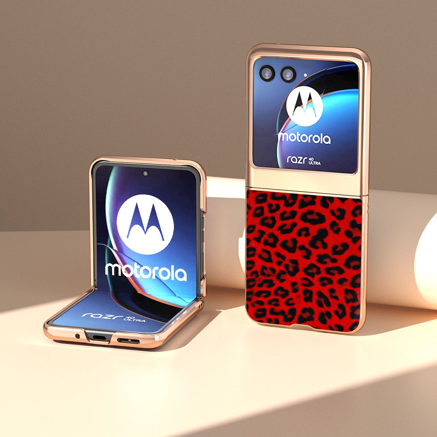 Uniqkart for Motorola Razr 40 Ultra 5G PU Leather + Hard PC Phone Case Nano Electroplating Leopard Pattern Cover - Red