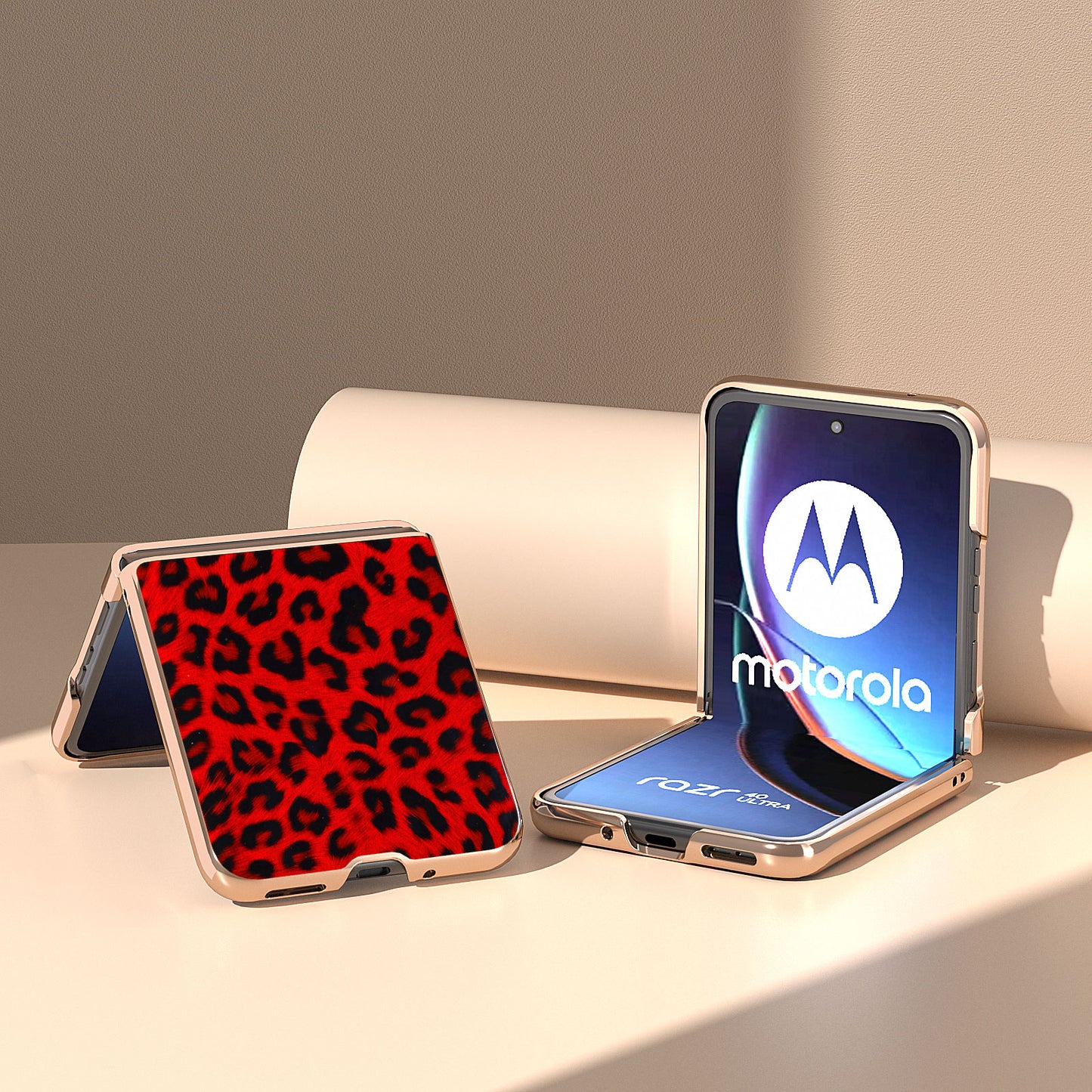 Uniqkart for Motorola Razr 40 Ultra 5G PU Leather + Hard PC Phone Case Nano Electroplating Leopard Pattern Cover - Red
