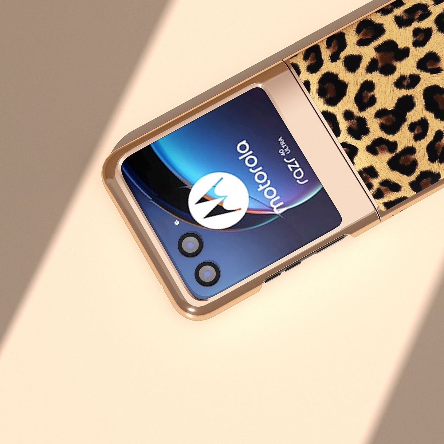 Uniqkart for Motorola Razr 40 Ultra 5G PU Leather + Hard PC Phone Case Nano Electroplating Leopard Pattern Cover - Champagne Gold