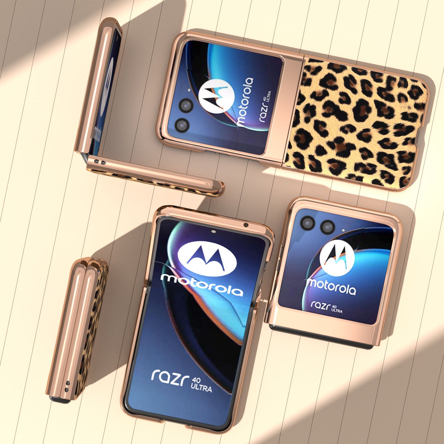 Uniqkart for Motorola Razr 40 Ultra 5G PU Leather + Hard PC Phone Case Nano Electroplating Leopard Pattern Cover - Champagne Gold
