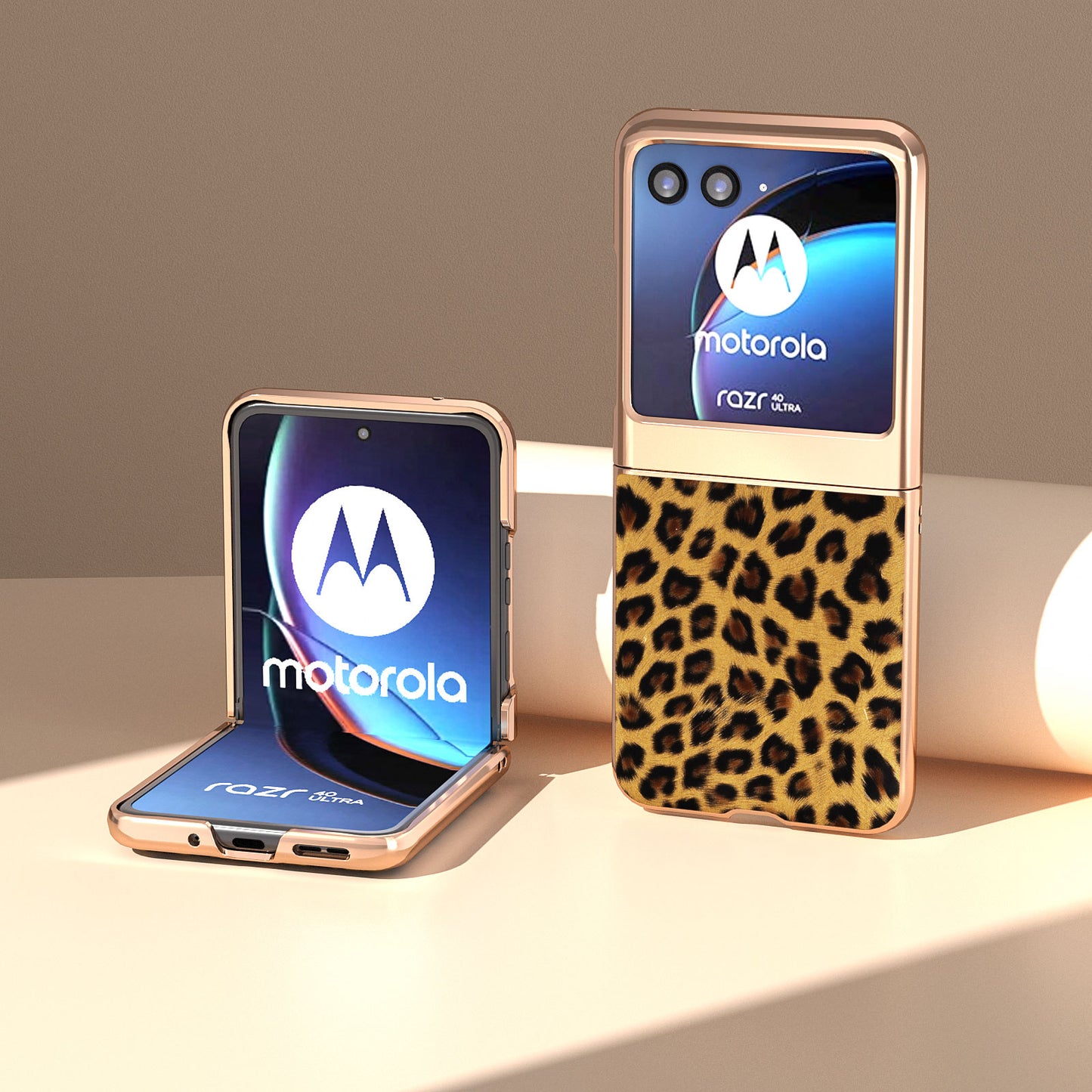 Uniqkart for Motorola Razr 40 Ultra 5G PU Leather + Hard PC Phone Case Nano Electroplating Leopard Pattern Cover - Gold