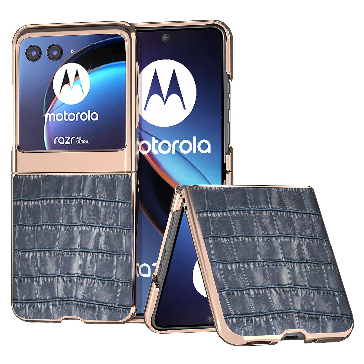 Uniqkart for Motorola Razr 40 Ultra 5G Genuine Cow Leather + PC Anti-Drop Cover Crocodile Texture Nano Electroplating Phone Case - Blue