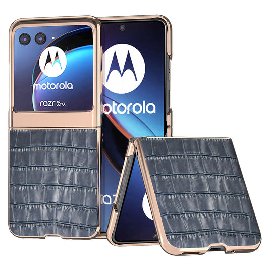 Uniqkart for Motorola Razr 40 Ultra 5G Genuine Cow Leather + PC Anti-Drop Cover Crocodile Texture Nano Electroplating Phone Case - Blue