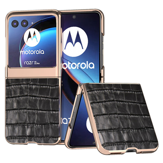 Uniqkart for Motorola Razr 40 Ultra 5G Genuine Cow Leather + PC Anti-Drop Cover Crocodile Texture Nano Electroplating Phone Case - Black