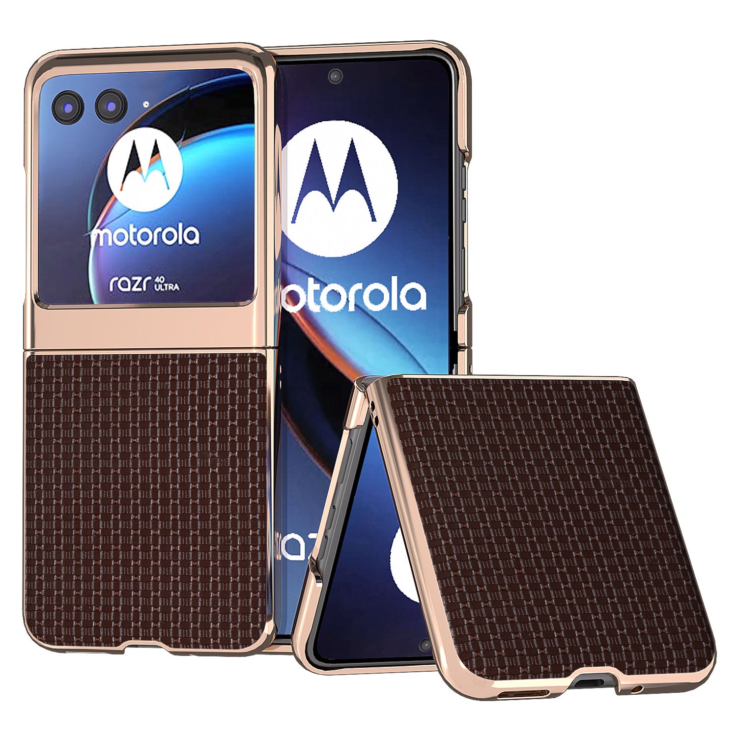 for Motorola Razr 40 Ultra 5G Electroplating Genuine Cow Leather + PC Case Luxury Texture Phone Cover - Coffee