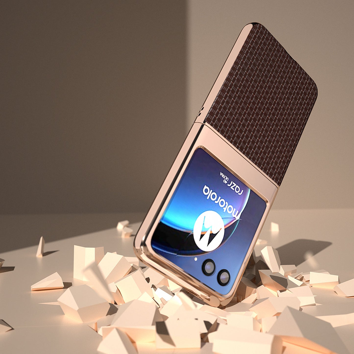 for Motorola Razr 40 Ultra 5G Electroplating Genuine Cow Leather + PC Case Luxury Texture Phone Cover - Coffee
