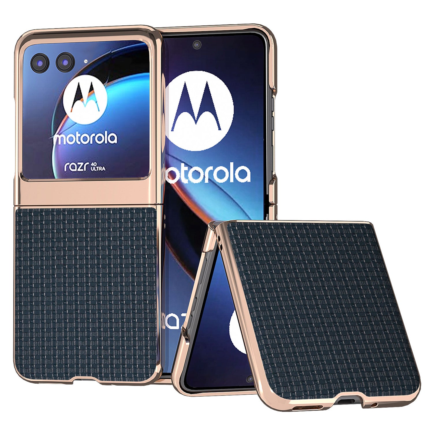 for Motorola Razr 40 Ultra 5G Electroplating Genuine Cow Leather + PC Case Luxury Texture Phone Cover - Blue