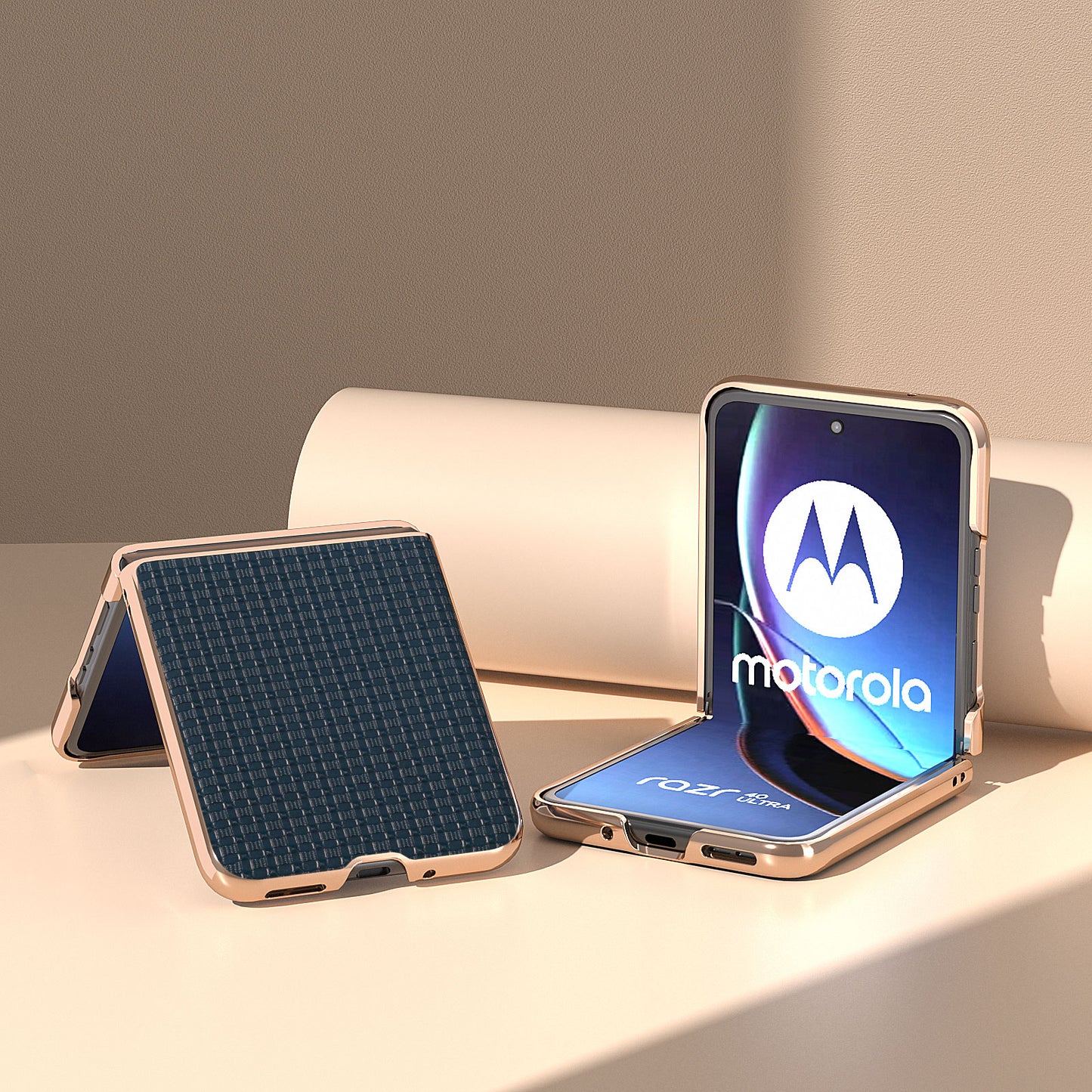 for Motorola Razr 40 Ultra 5G Electroplating Genuine Cow Leather + PC Case Luxury Texture Phone Cover - Blue
