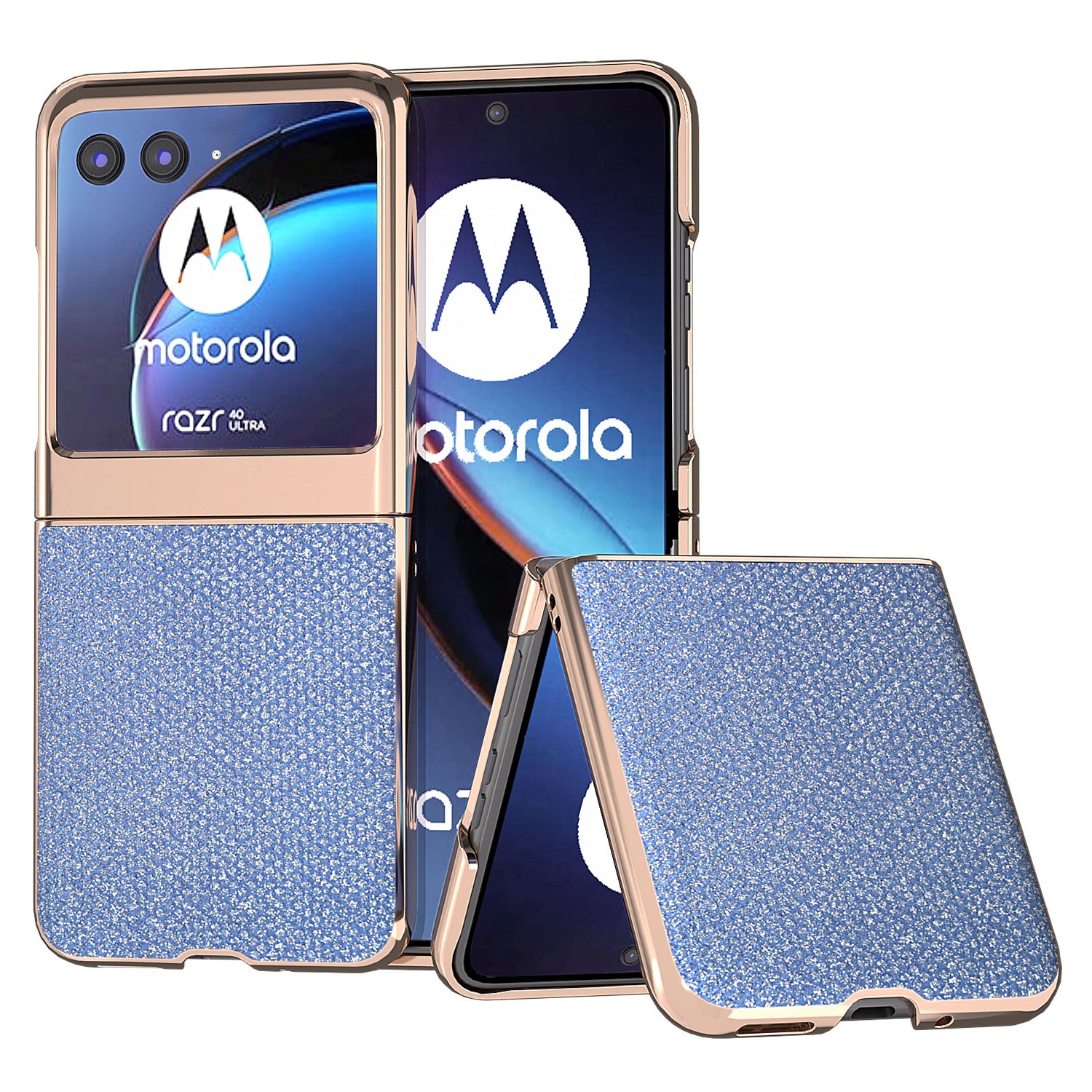 Uniqkart for Motorola Razr 40 Ultra 5G Rhinestone Texture Case PU Leather + PC Electroplating Phone Cover - Blue